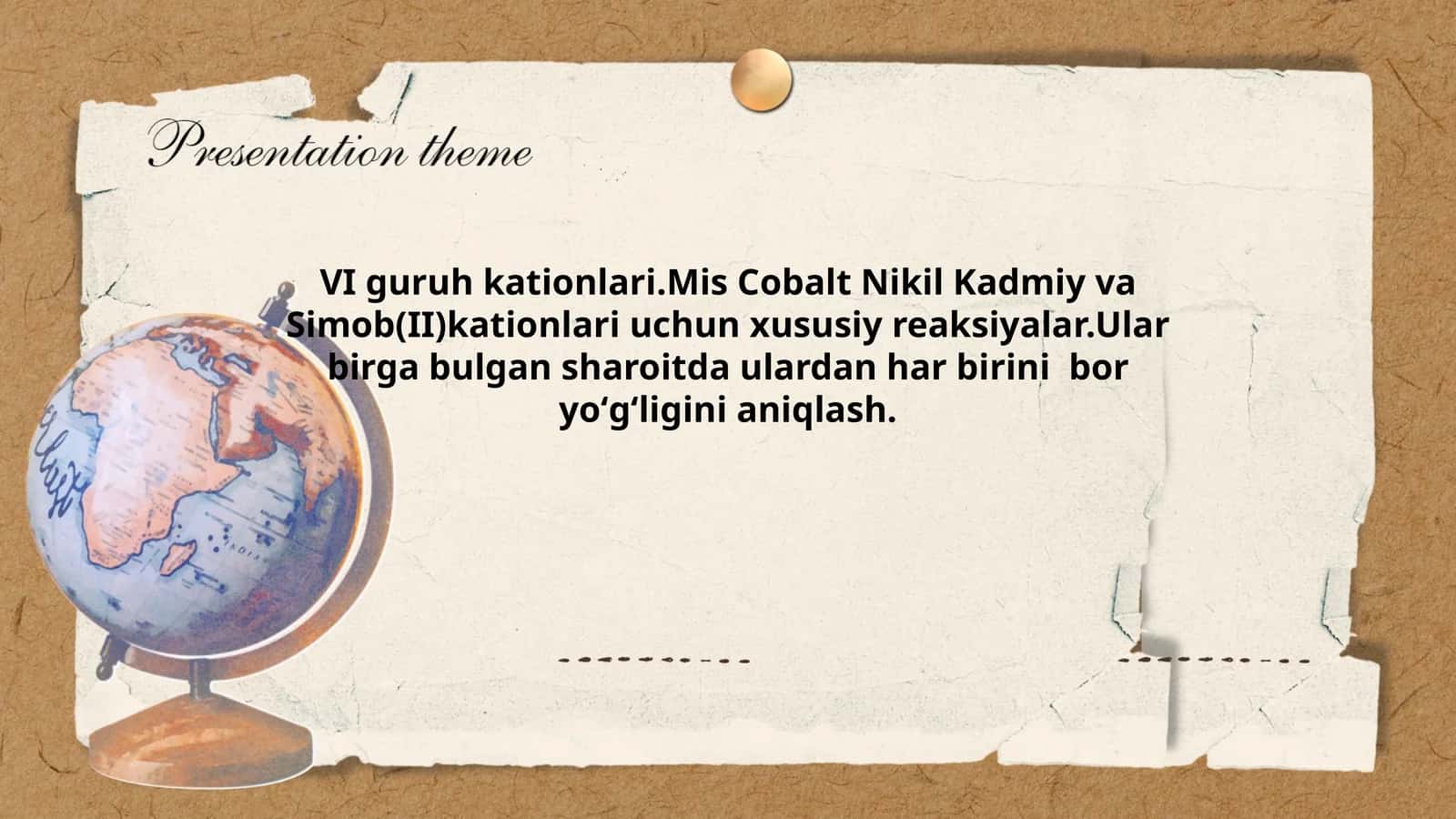 VI guruh kationlari.Mis Cobalt Nikil Kadmiy va Simob(II)kationlari uchun xususiy reaksiyalar.Ular birga bulgan sharoitda ulardan har birini bor yoʻgʻligini aniqlash