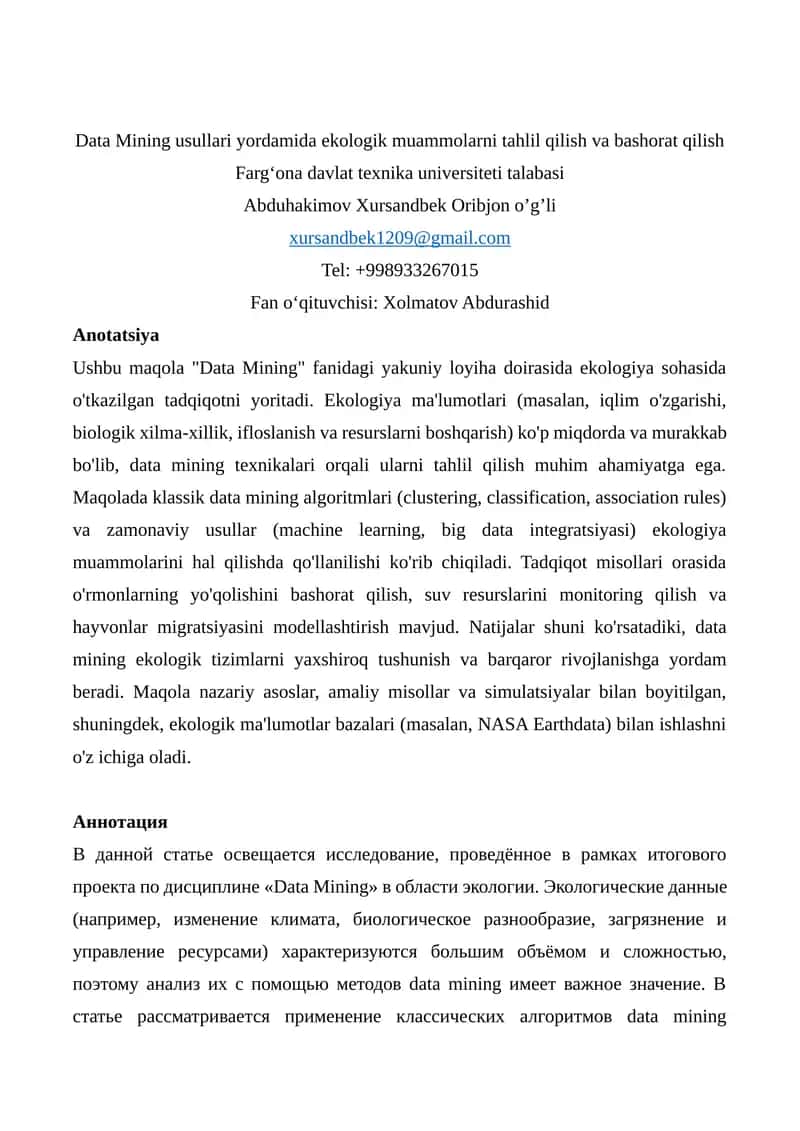 Data Mining usullari yordamida ekologik muammolarni tahlil qilish va bashorat qilish