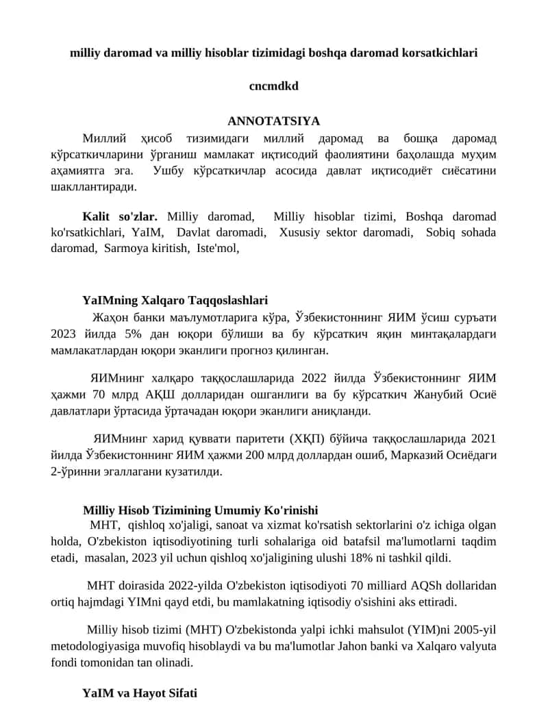 Milliy daromad va milliy hisoblar tizimidagi boshqa daromad korsatkichlari