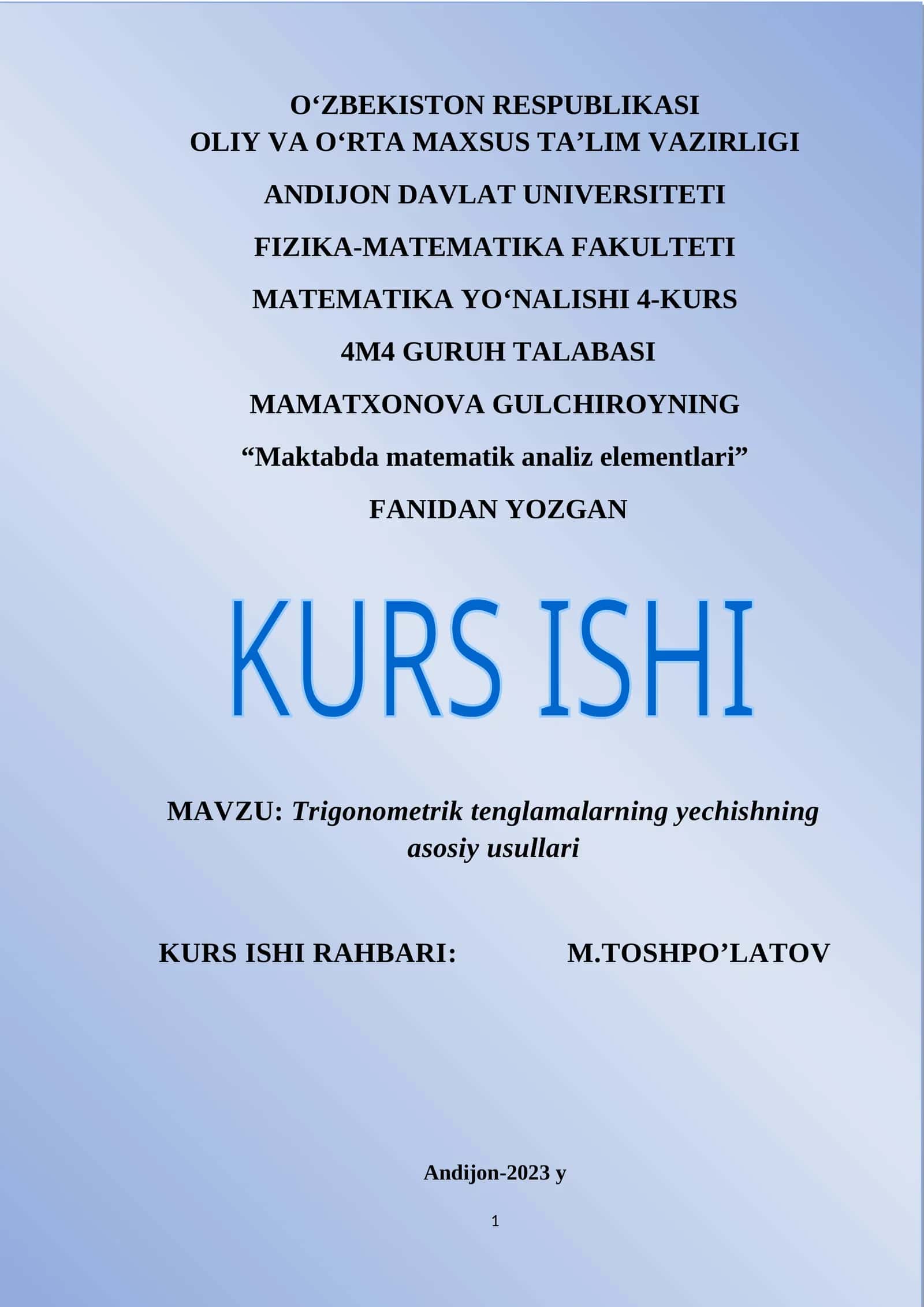 Trigonometrik tenglamalarning yechishning asosiy usullari