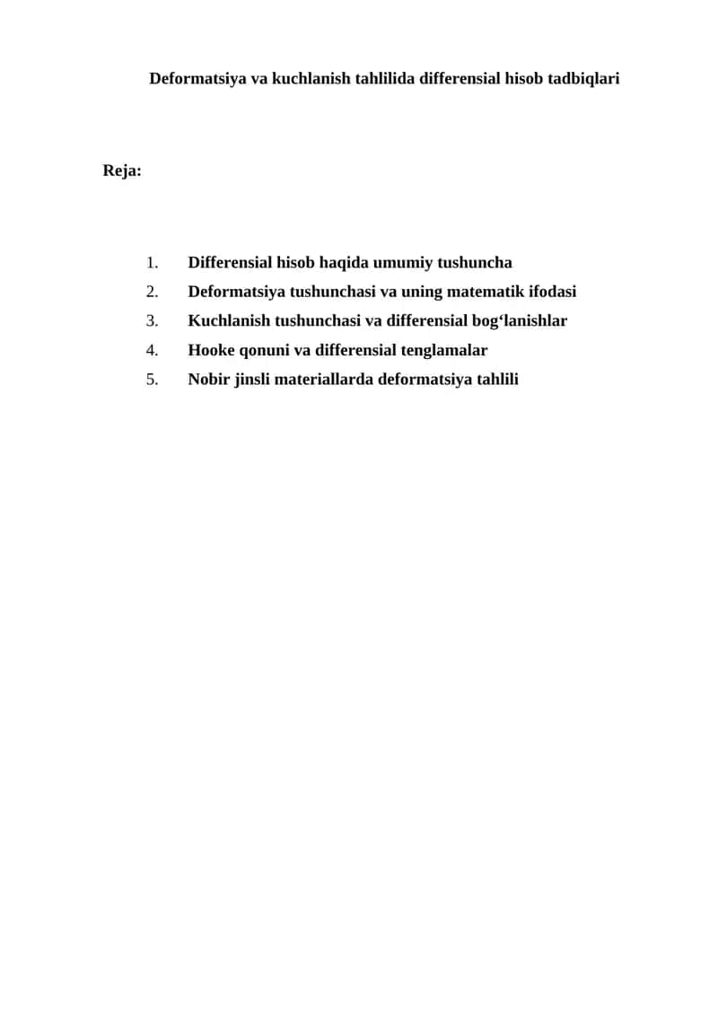Deformatsiya va kuchlanish tahlilida differensial hisob tadbiqlari