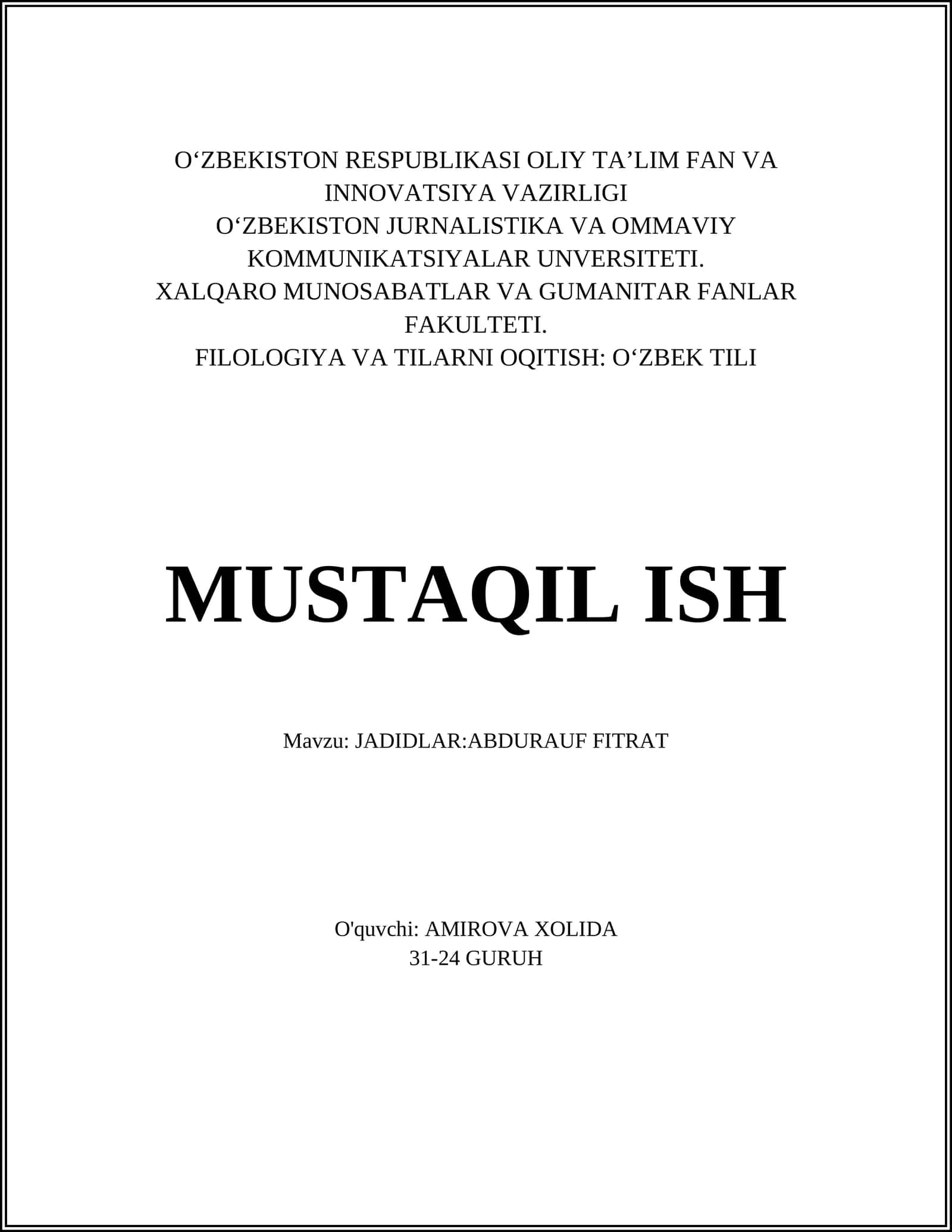 JADIDLAR:ABDURAUF FITRAT