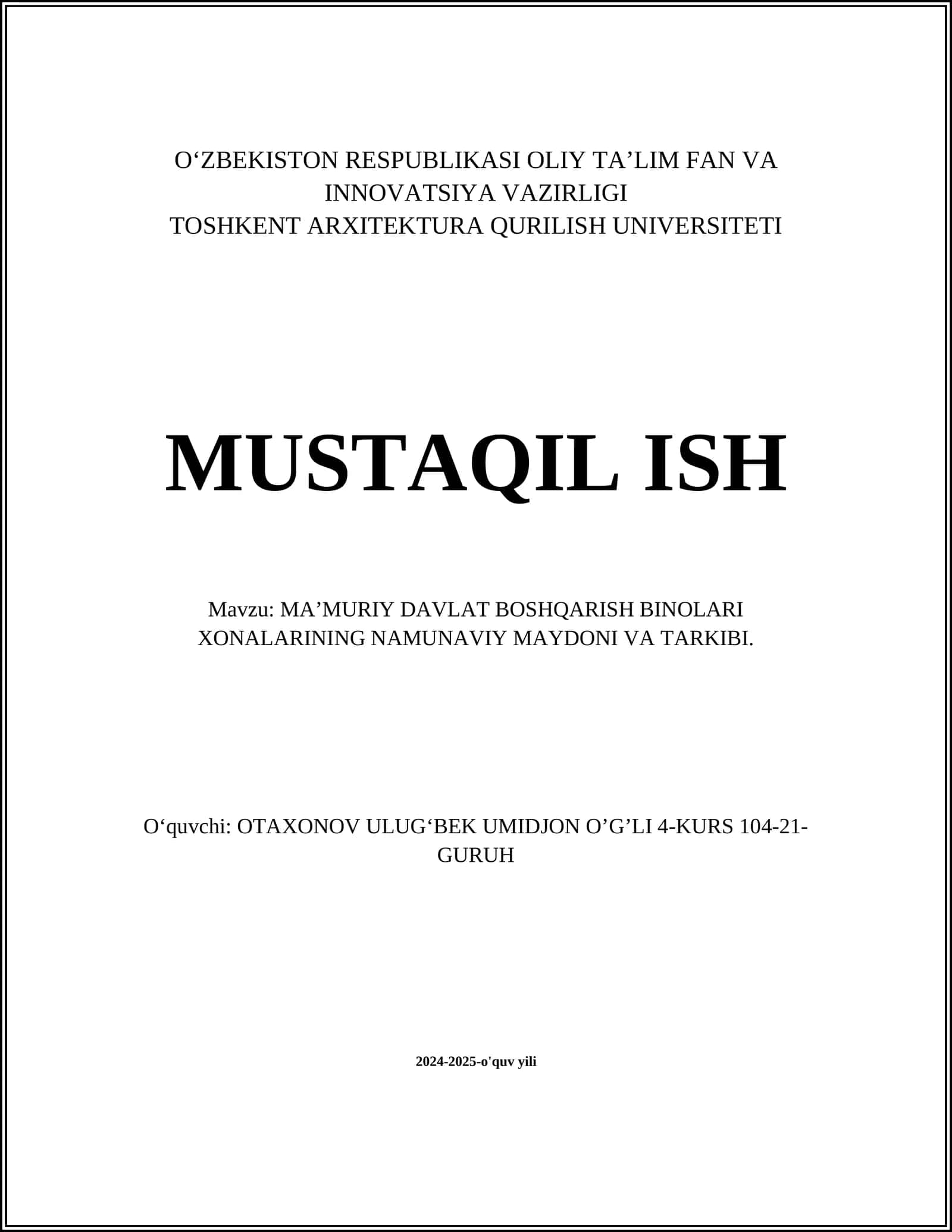 MA’MURIY DAVLAT BOSHQARISH BINOLARI XONALARINING NAMUNAVIY MAYDONI VA TARKIBI