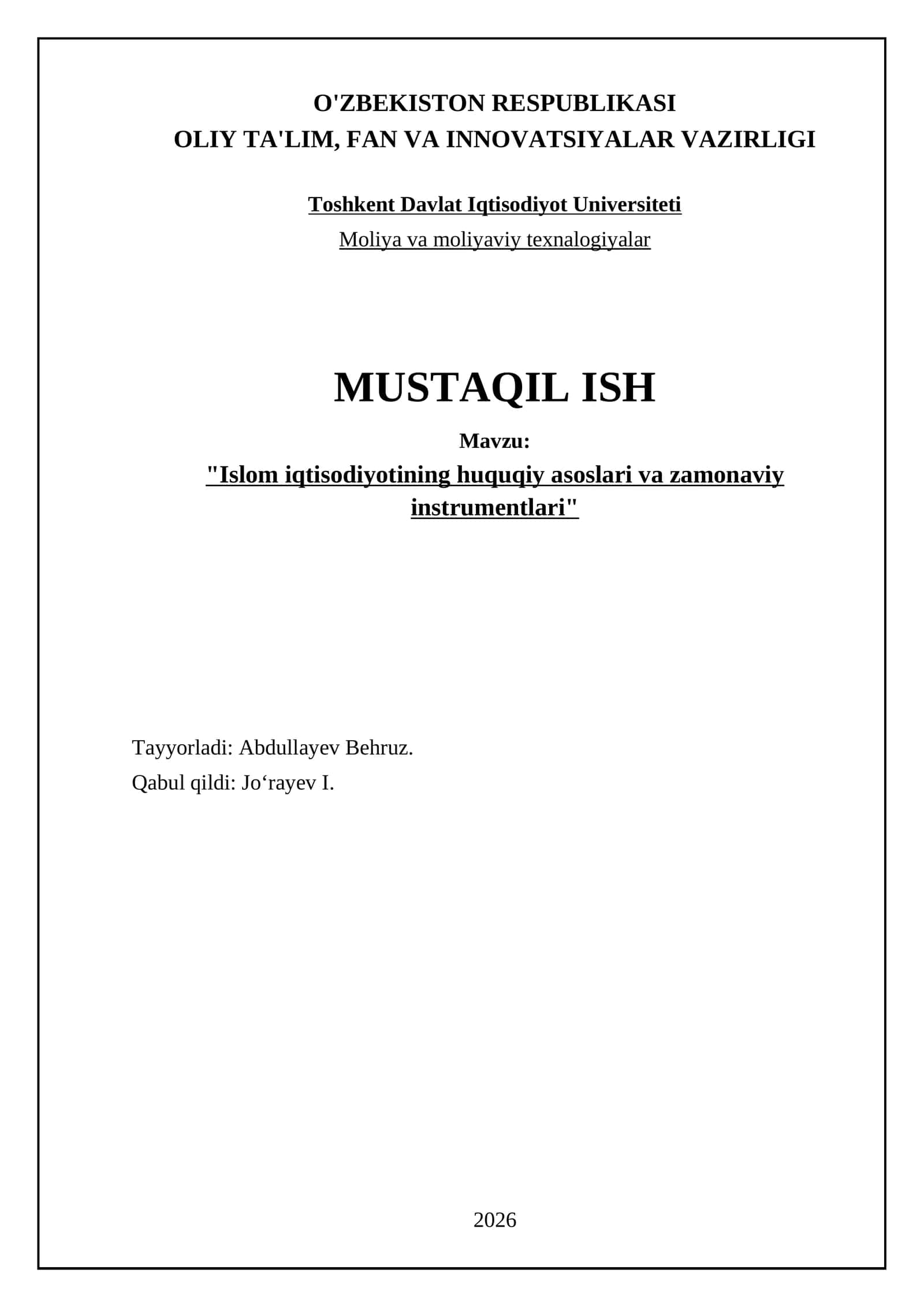 Islom iqtisodiyotining huquqiy asoslari va zamonaviy instrumentlari