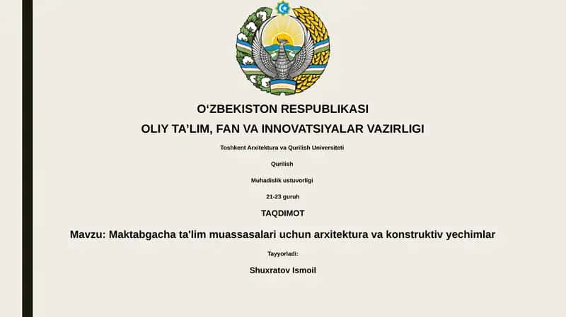 Maktabgacha ta'lim muassasalari uchun arxitektura va konstruktiv yechimlar