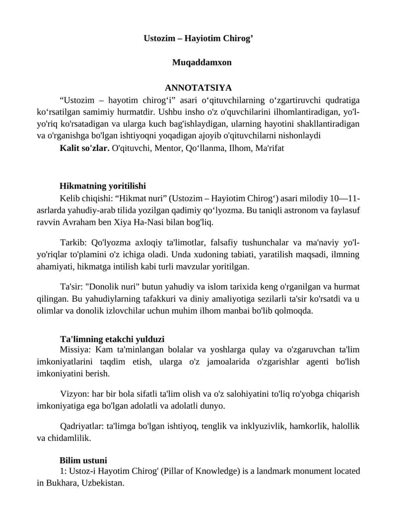 Ustozim – Hayiotim Chirog’
