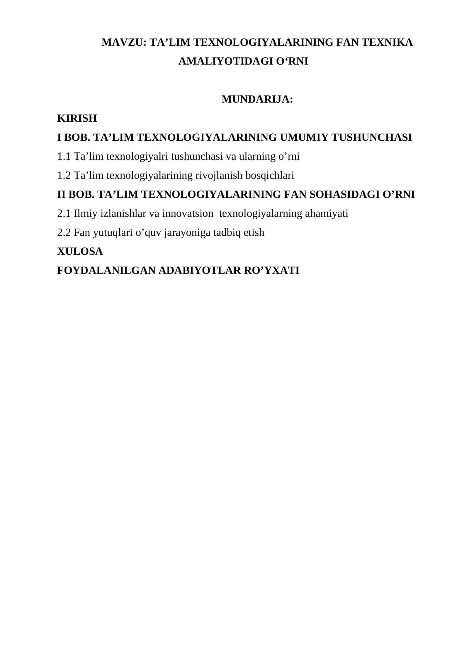 Taʼlim texnologiyalarining fan texnika amaliyotidagi oʻrni