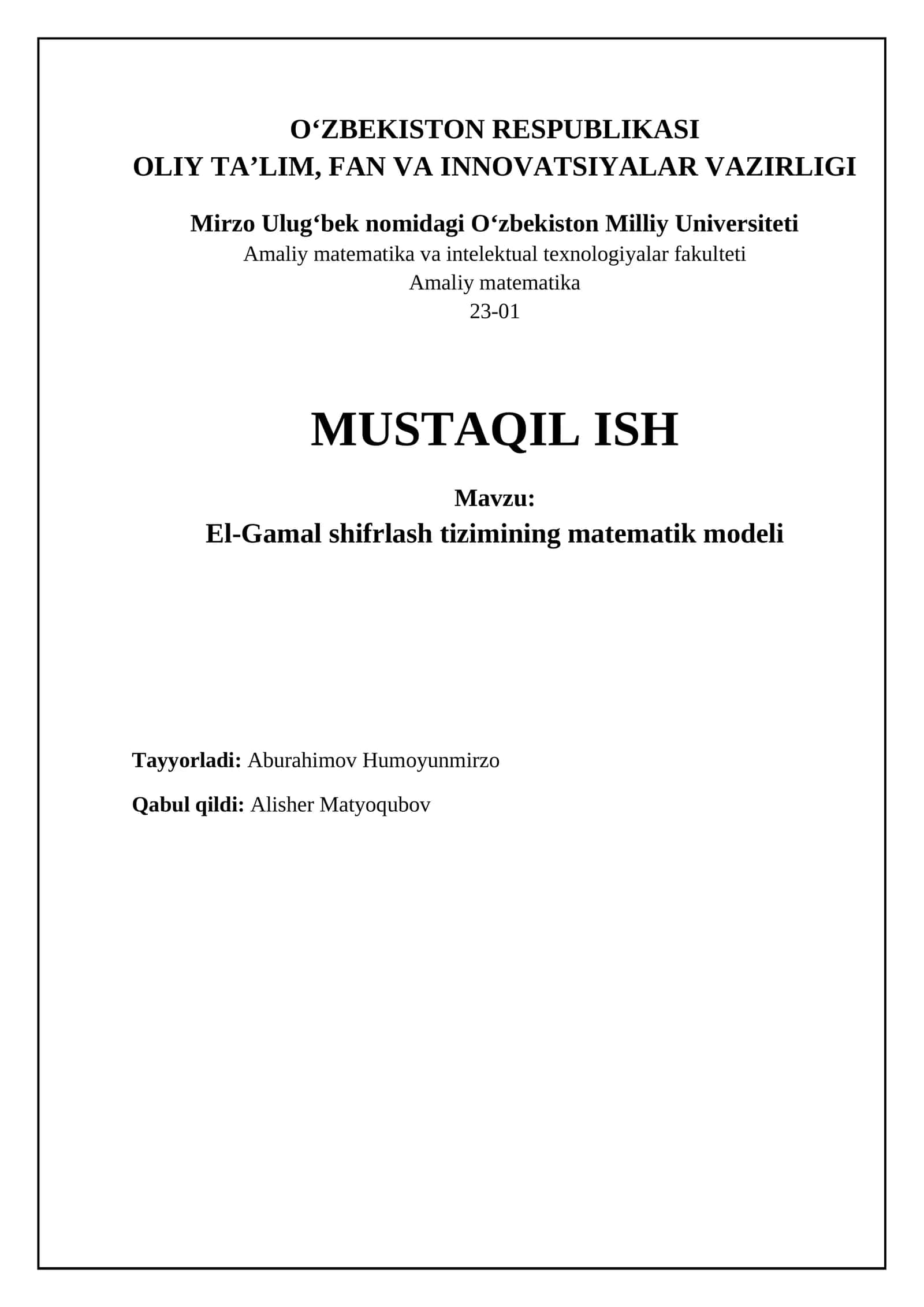 El-Gamal shifrlash tizimining matematik modeli