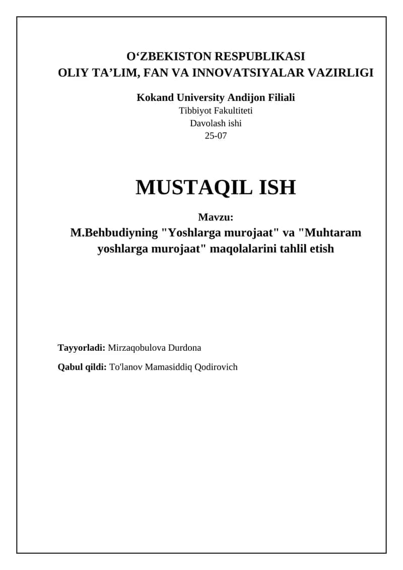 M.Behbudiyning "Yoshlarga murojaat" va "Muhtaram yoshlarga murojaat" maqolalarini tahlil etish