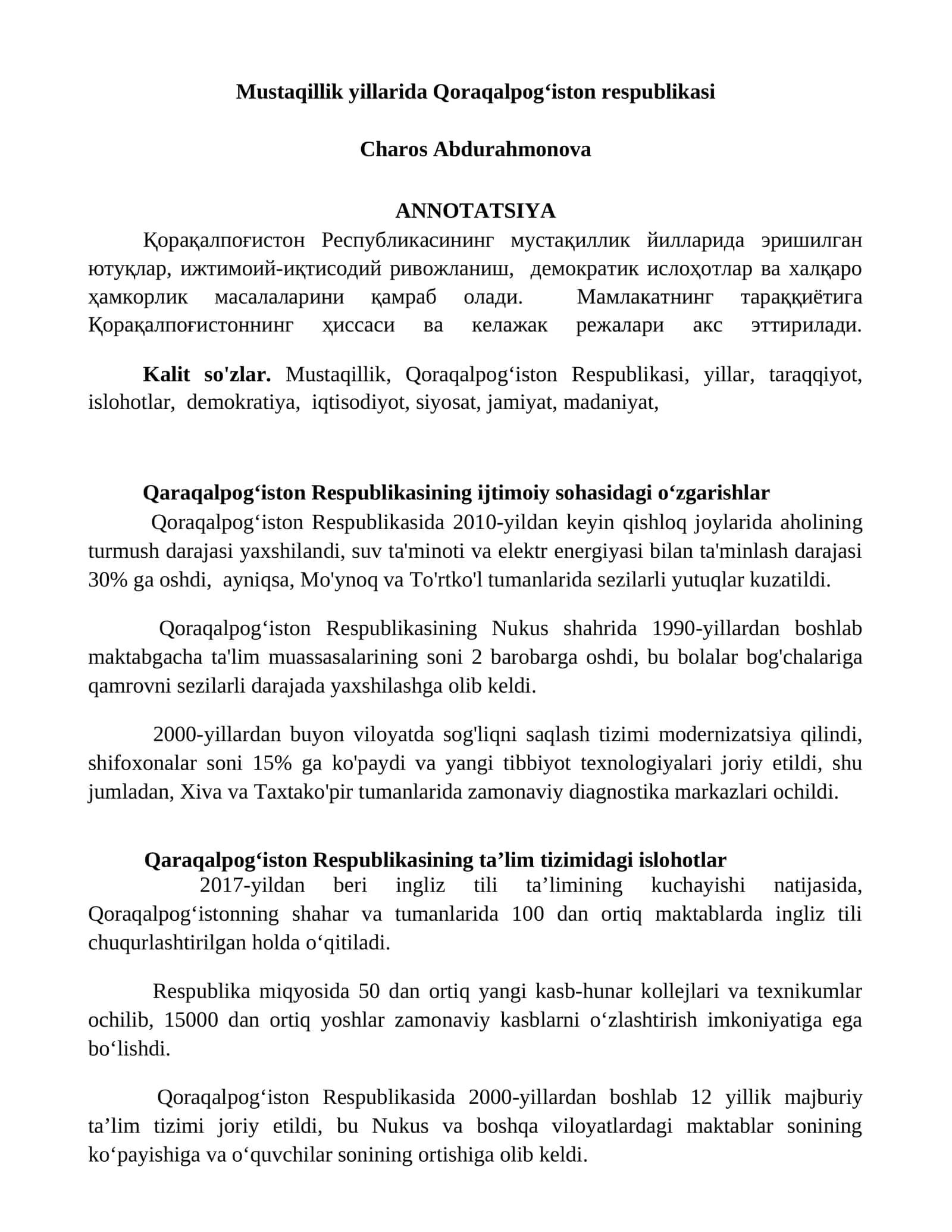 Qoraqalpogʻiston Respublikasining ijtimoiy sohasidagi oʻzgarishlar