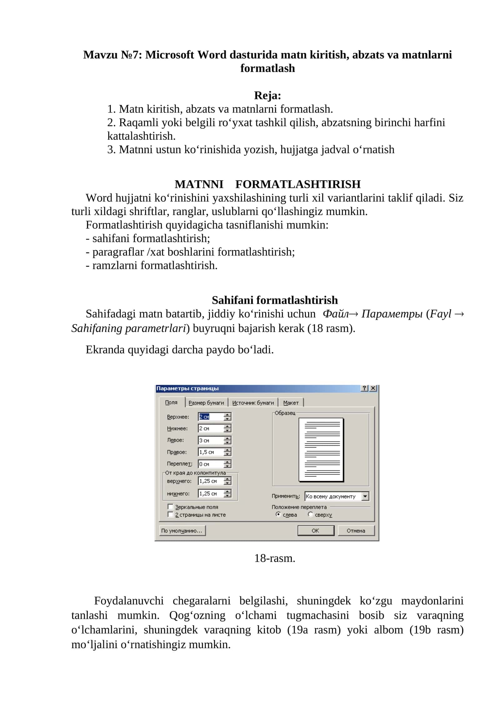 Matn kiritish, abzats va matnlarni formatlash