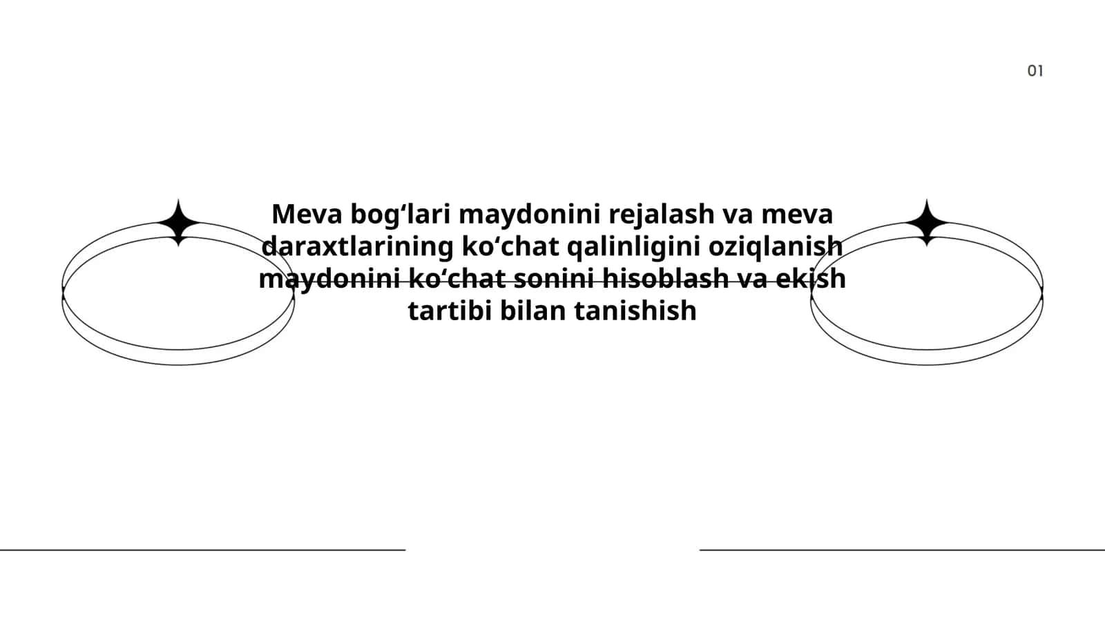 Meva bogʻlari maydonini rejalash va meva daraxtlarining koʻchat qalinligini oziqlanish maydonini koʻchat sonini hisoblash va ekish tartibi bilan tanishish