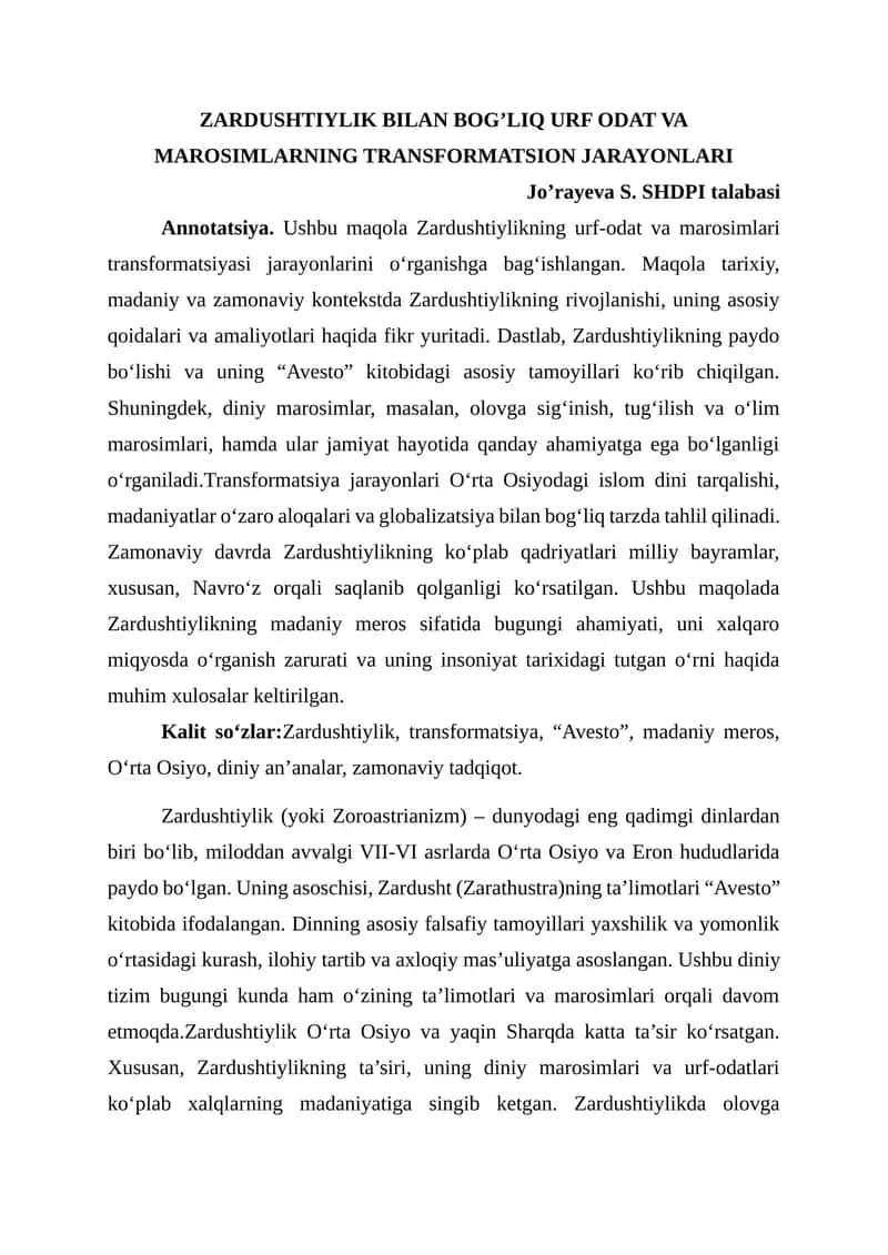 Zardushtiylik Bilan Bog’liq Urf Odat va Marosimlarning Transformatsiyon Jarayonlari