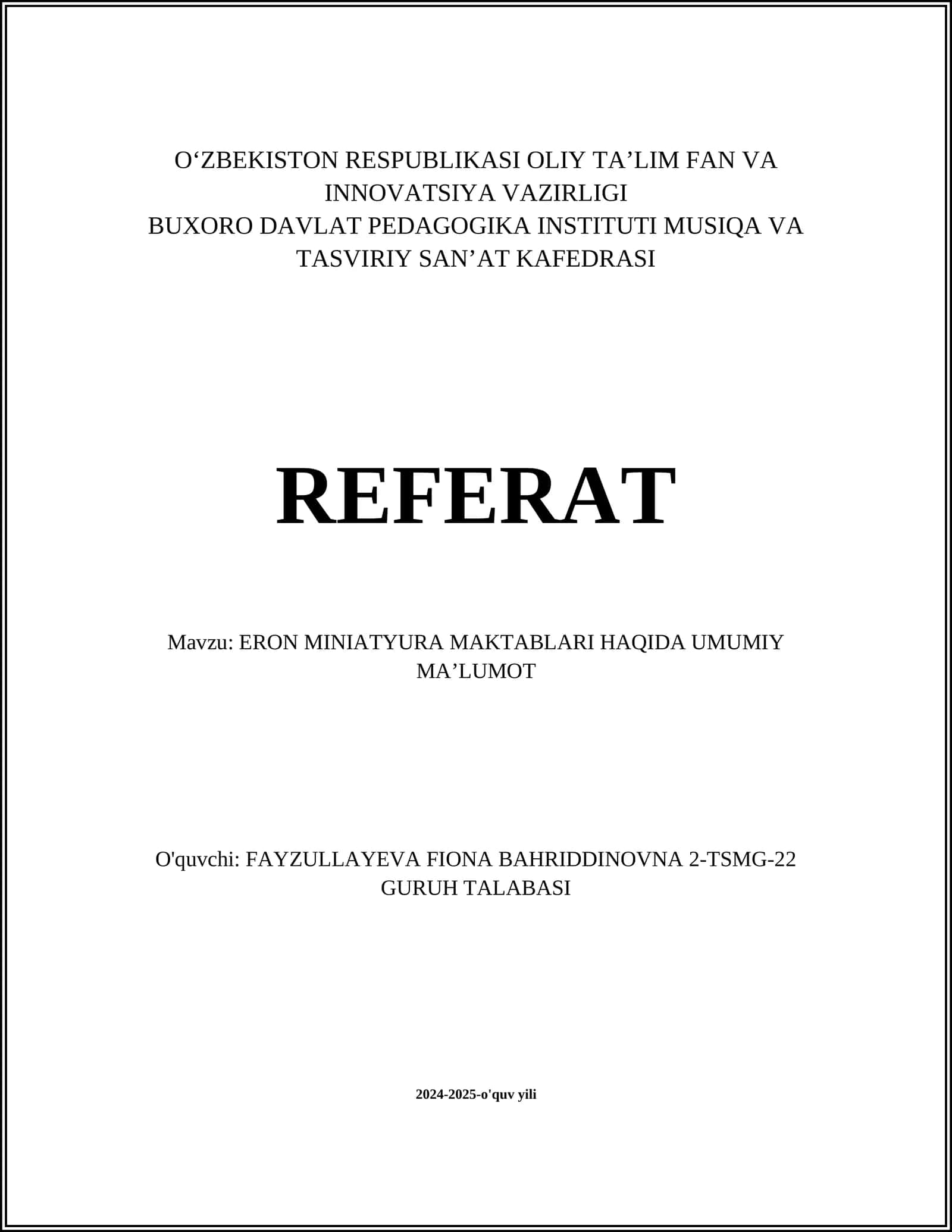 ERON MINIATYURA MAKTABLARI HAQIDA UMUMIY MA’LUMOT