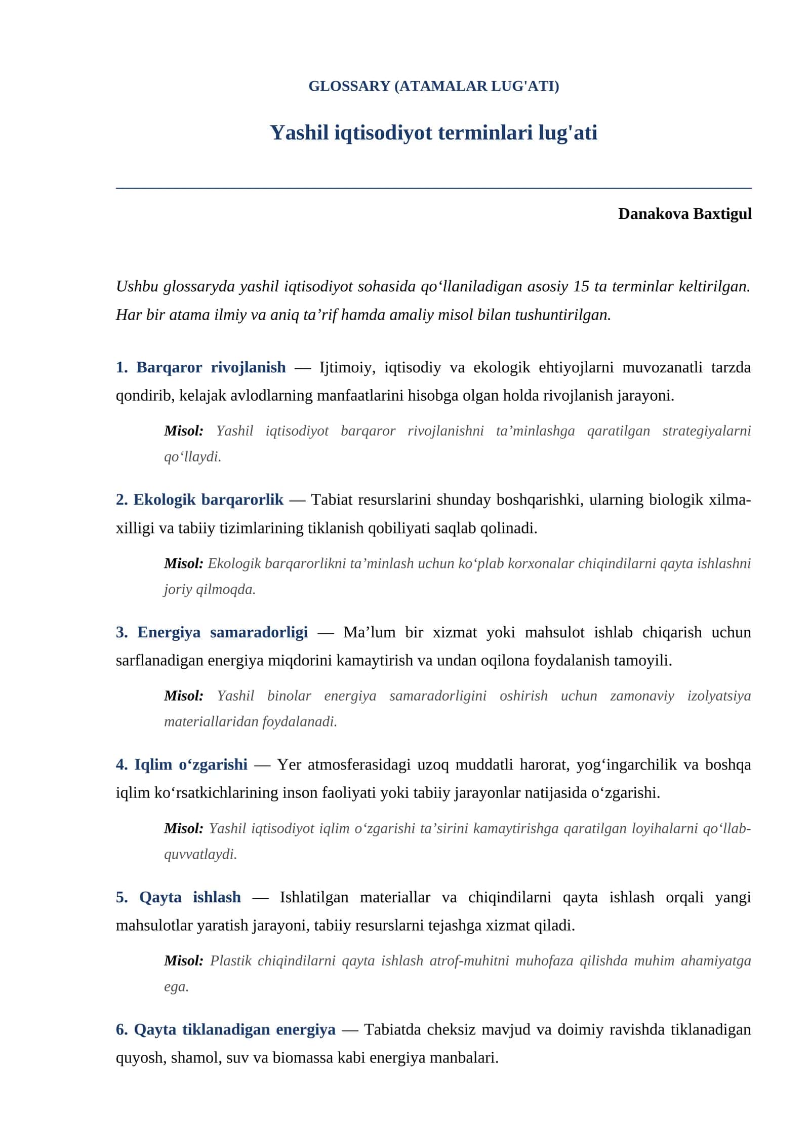Yashil iqtisodiyot terminlari lug'ati