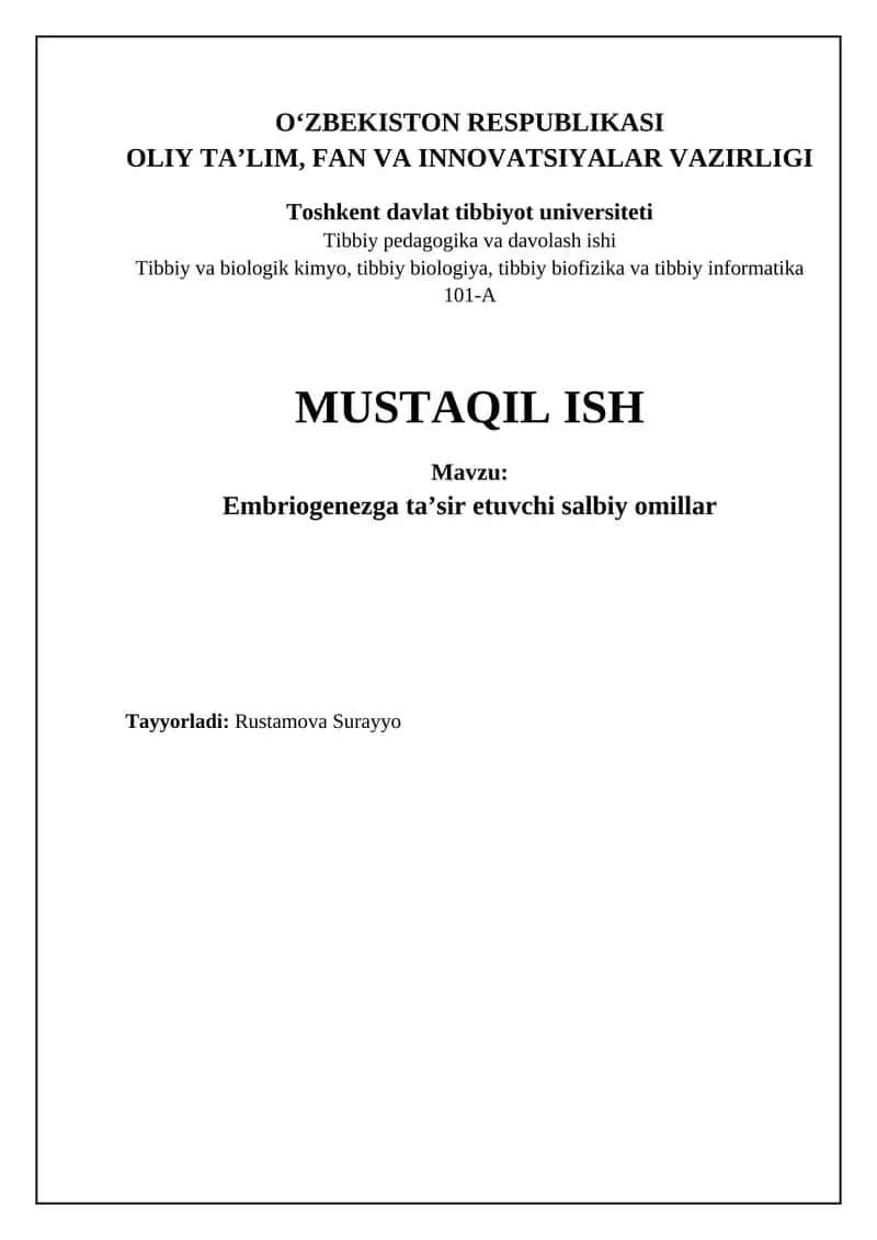 Embriogenezga taʼsir etuvchi salbiy omillar