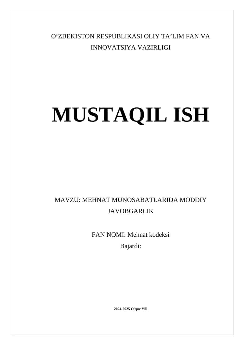MEHNAT MUNOSABATLARIDA MODDIY JAVOBGARLIK