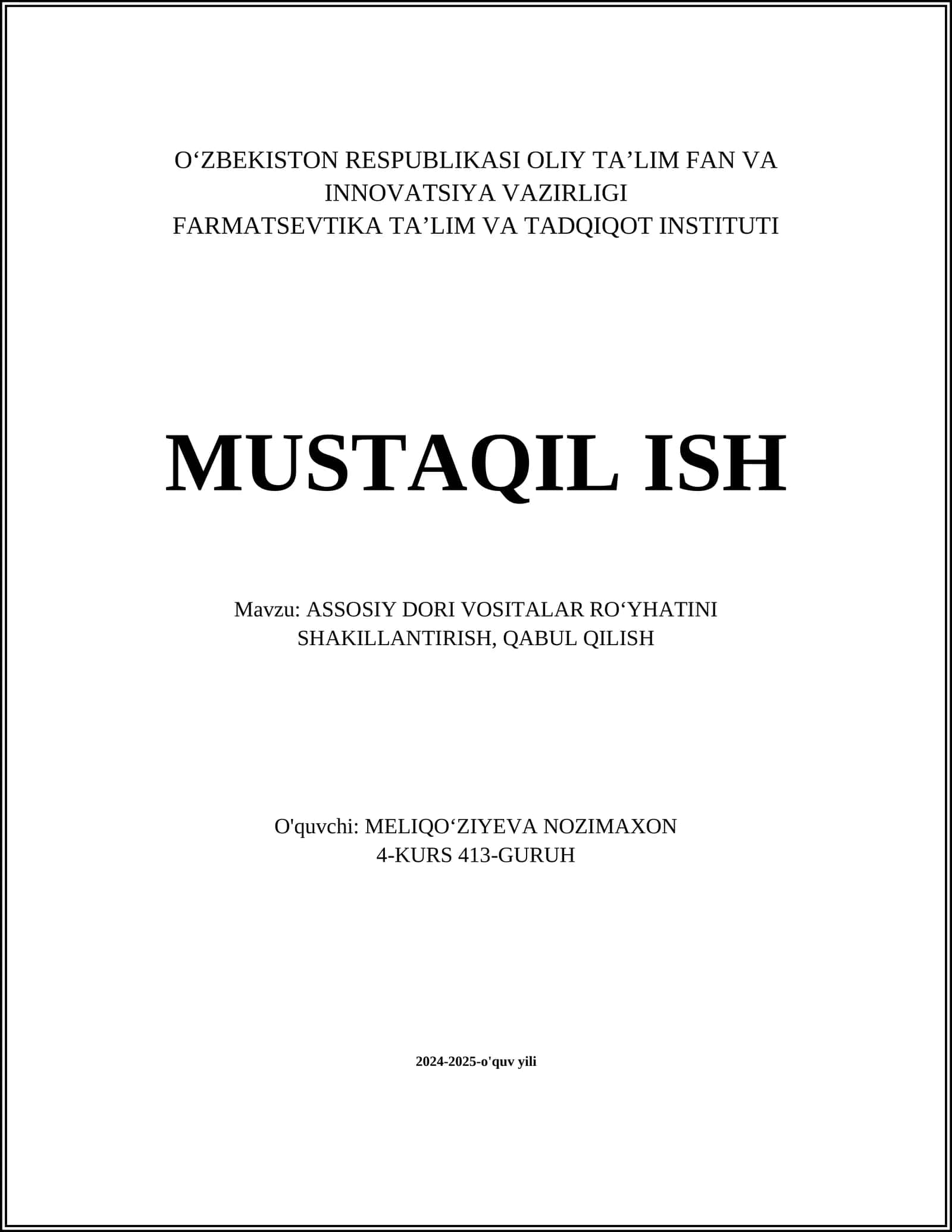 ASSOSIY DORI VOSITALAR ROʻYHATINI SHAKILLANTIRISH, QABUL QILISH
