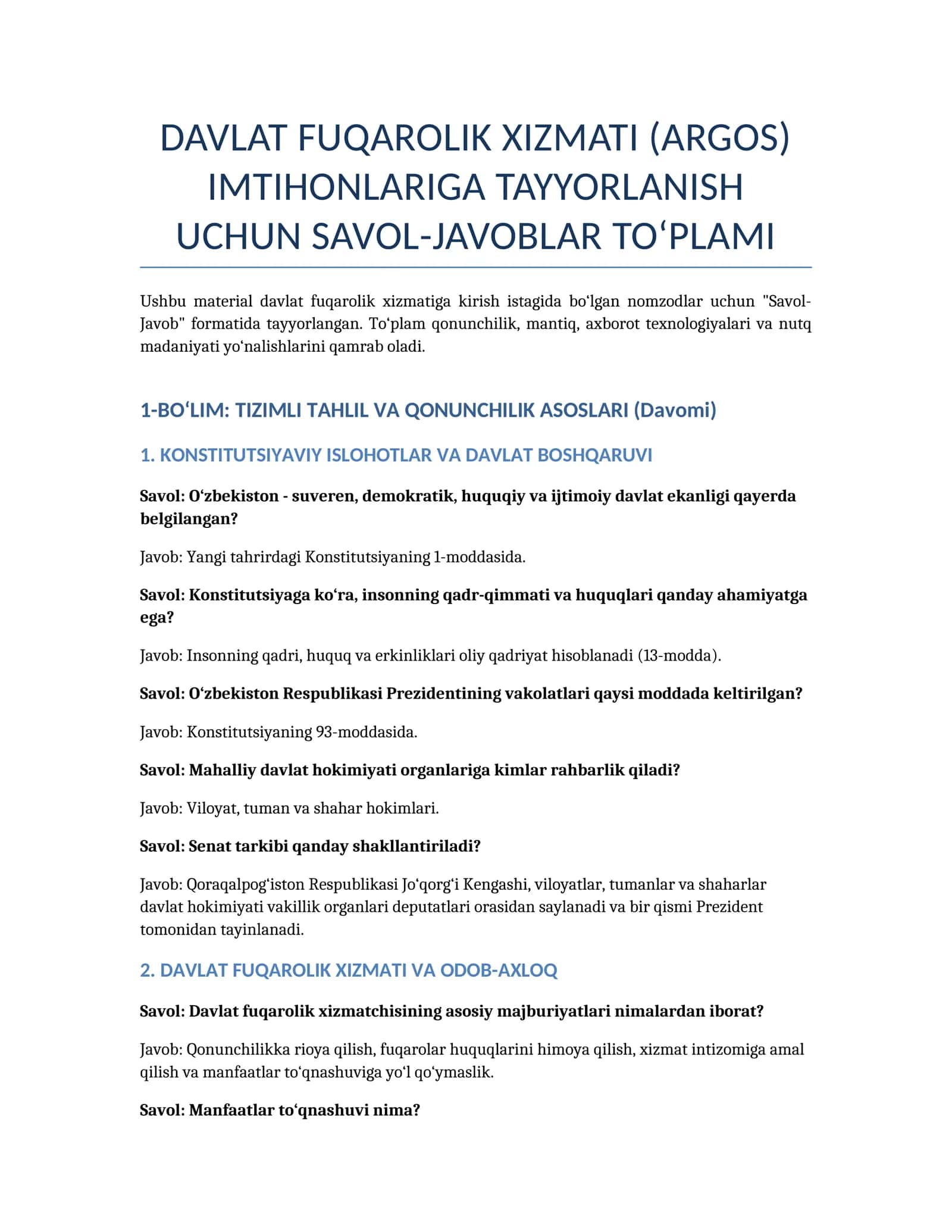 ARGOS savollari IMTIHONLARIGA TAYYORLANISH UCHUN SAVOL-JAVOBLAR TO‘PLAMI