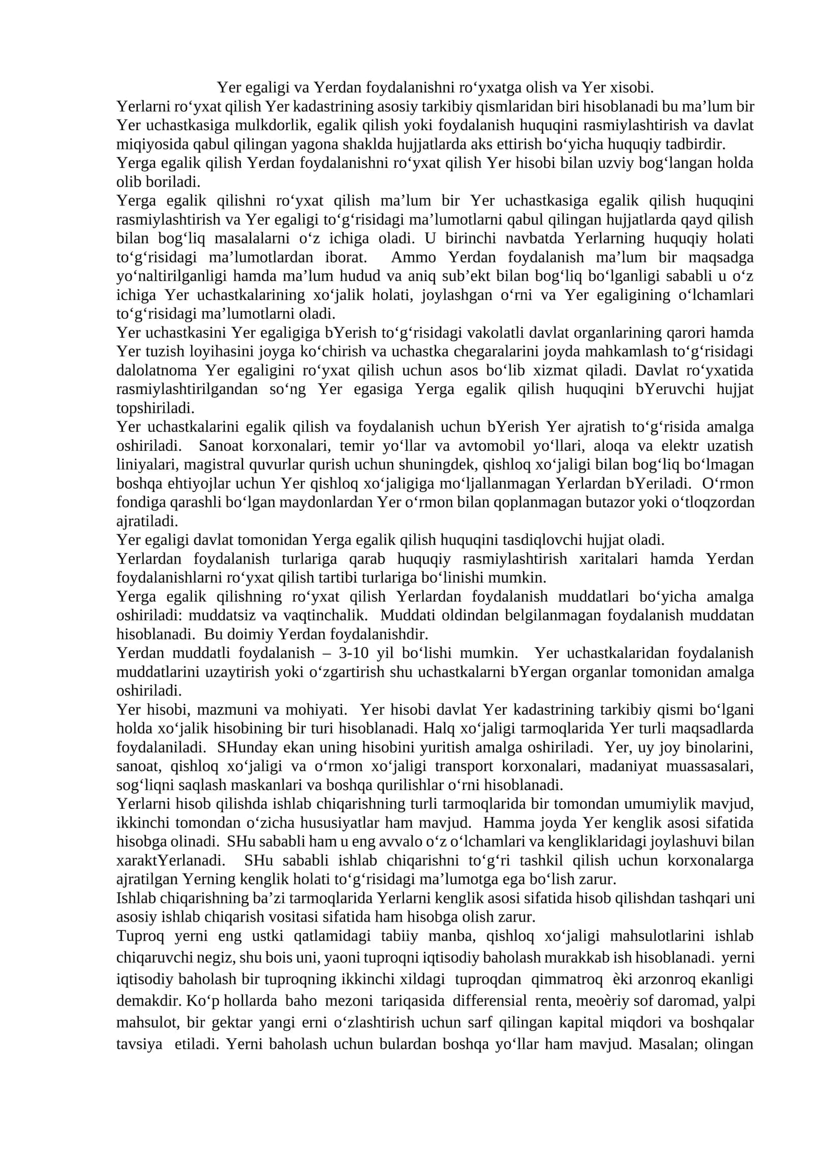 Yer egaligi va Yerdan foydalanishni ro‘yxatga olish va Yer xisobi
