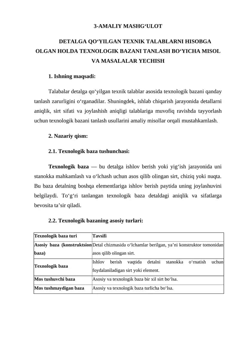 Texnologik baza tanlash