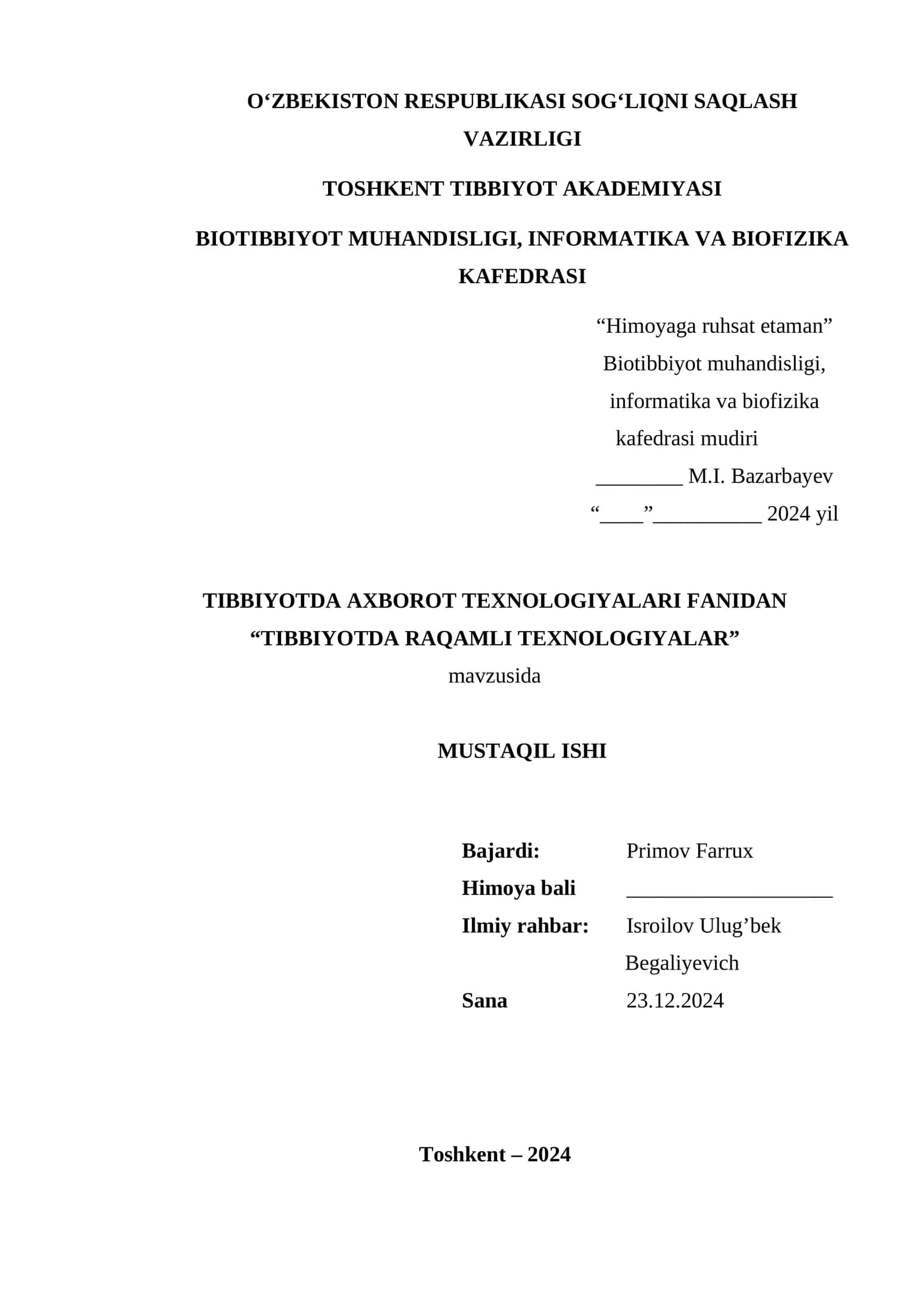 TIBBIYOTDA RAQAMLI TEXNOLOGIYALAR