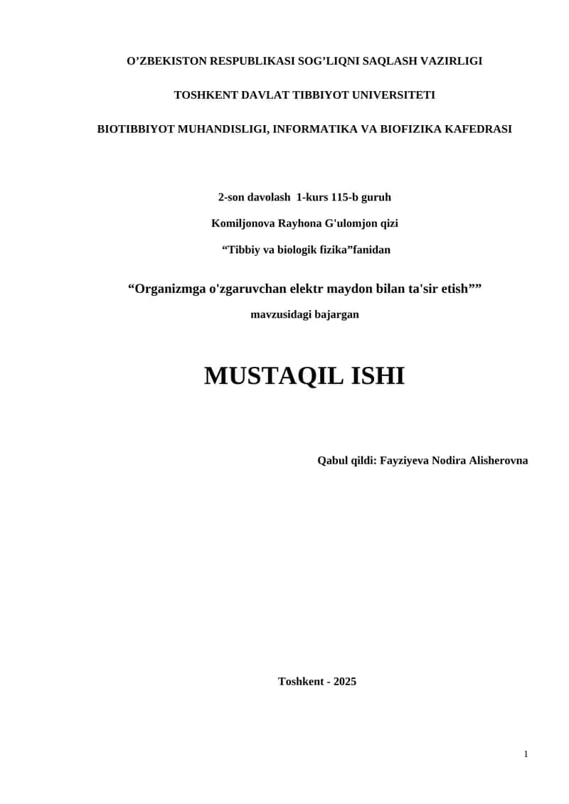 Organizmga o'zgaruvchan elektr maydon bilan ta'sir etish