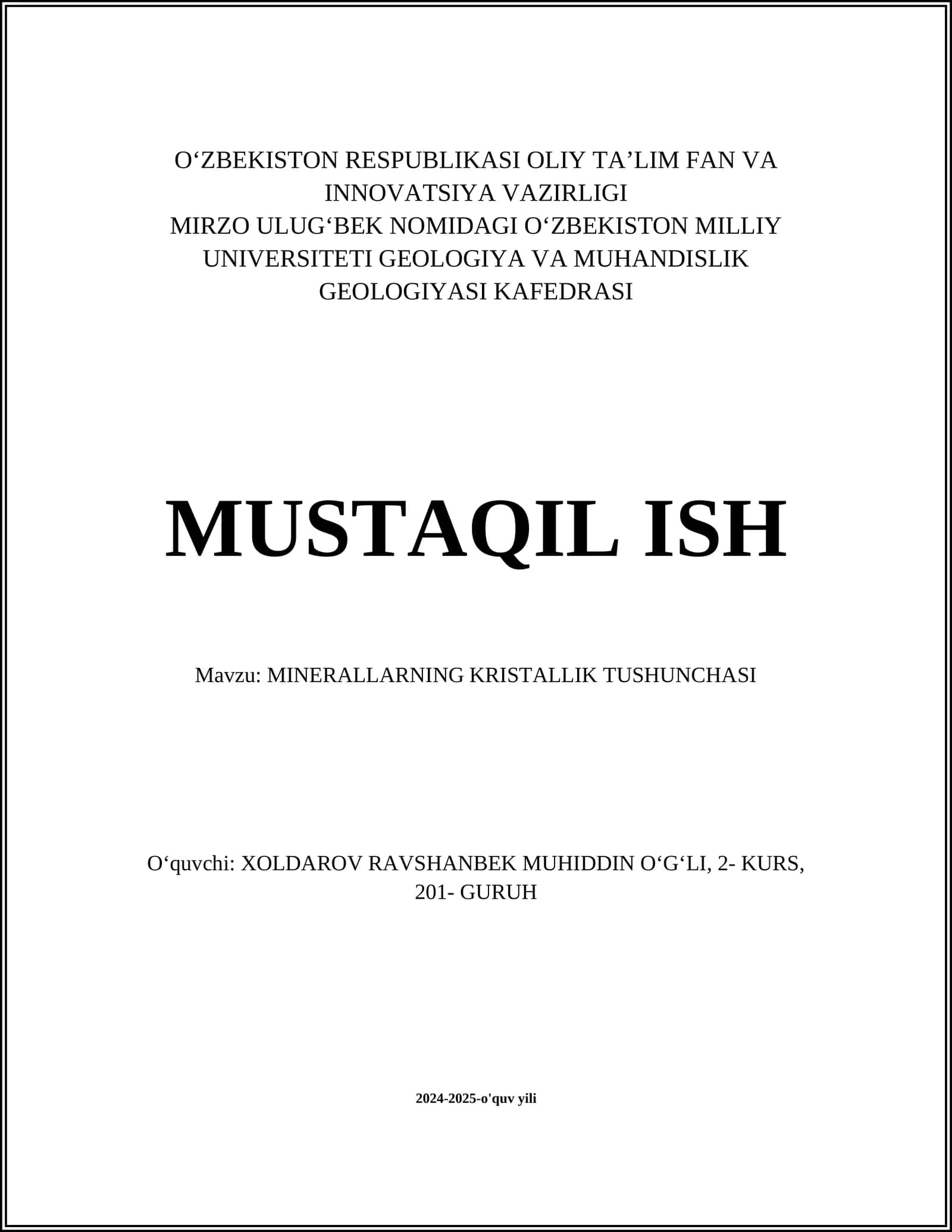 MINERALLARNING KRISTALLIK TUSHUNCHASI