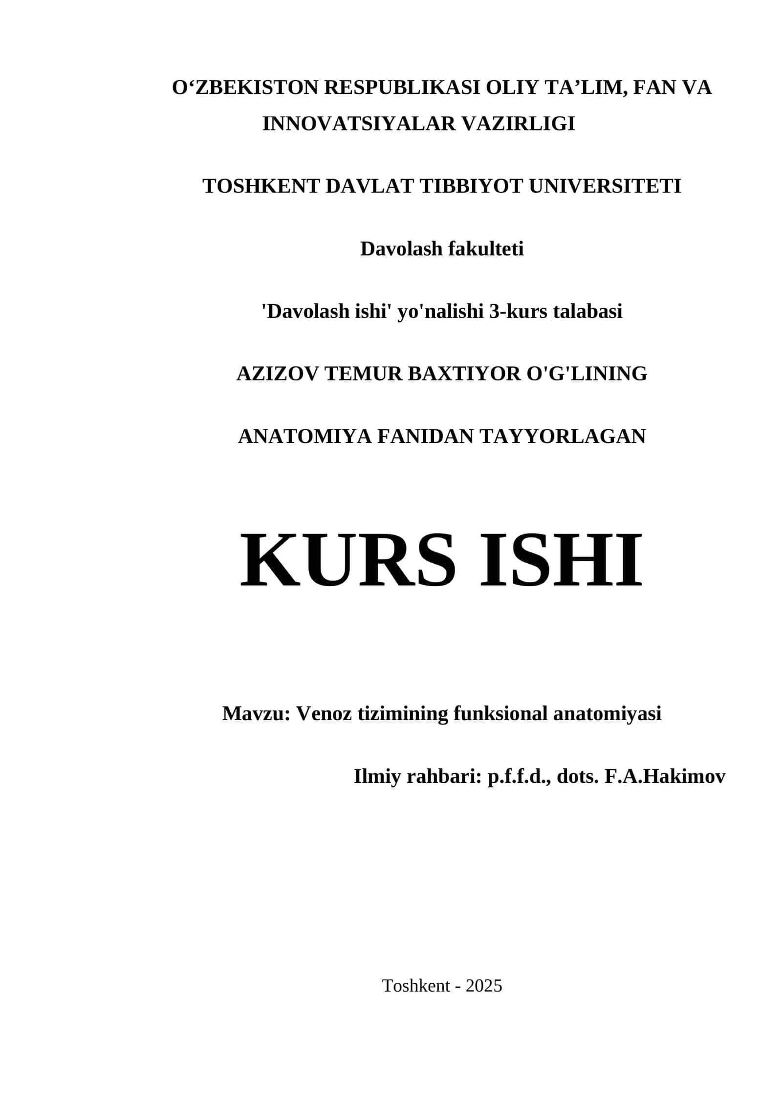 VENOZ TIZIMINING FUNKSIONAL ANATOMIYASI