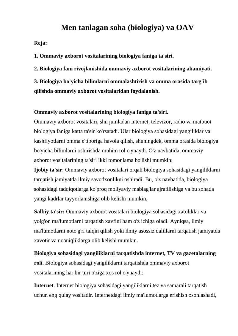 Men tanlagan soha (biologiya) va OAV