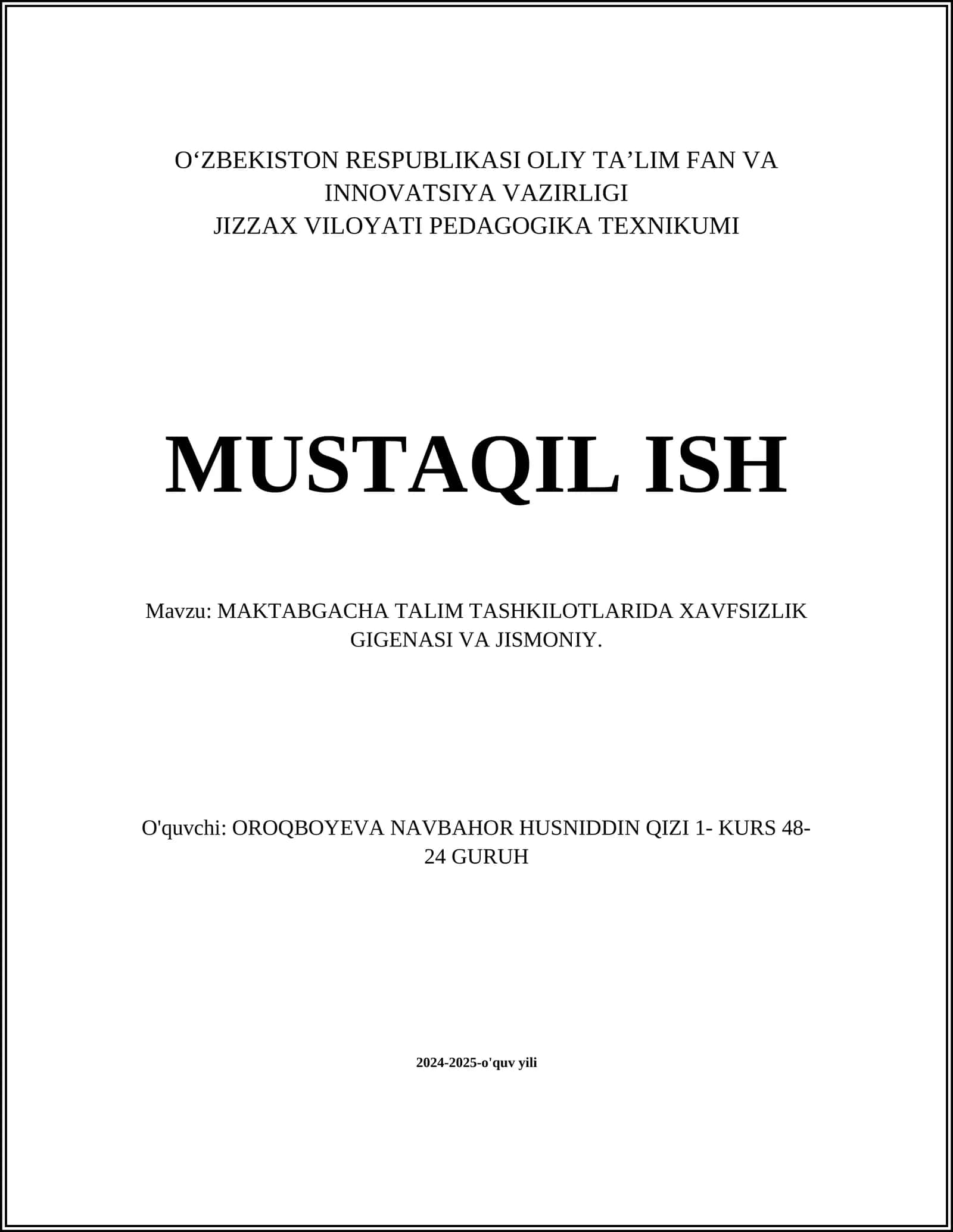 MAKTABGACHA TALIM TASHKILOTLARIDA XAVFSIZLIK GIGENASI VA JISMONIY