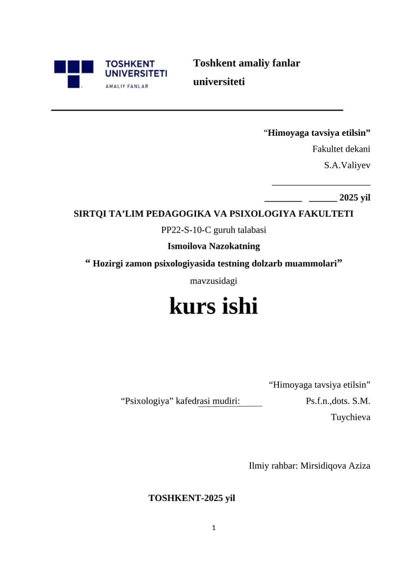 Hozirgi zamon psixologiyasida testning dolzarb muammolari