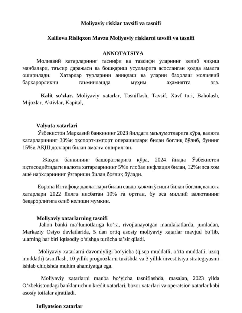 Moliyaviy risklar tavsifi va tasnifi