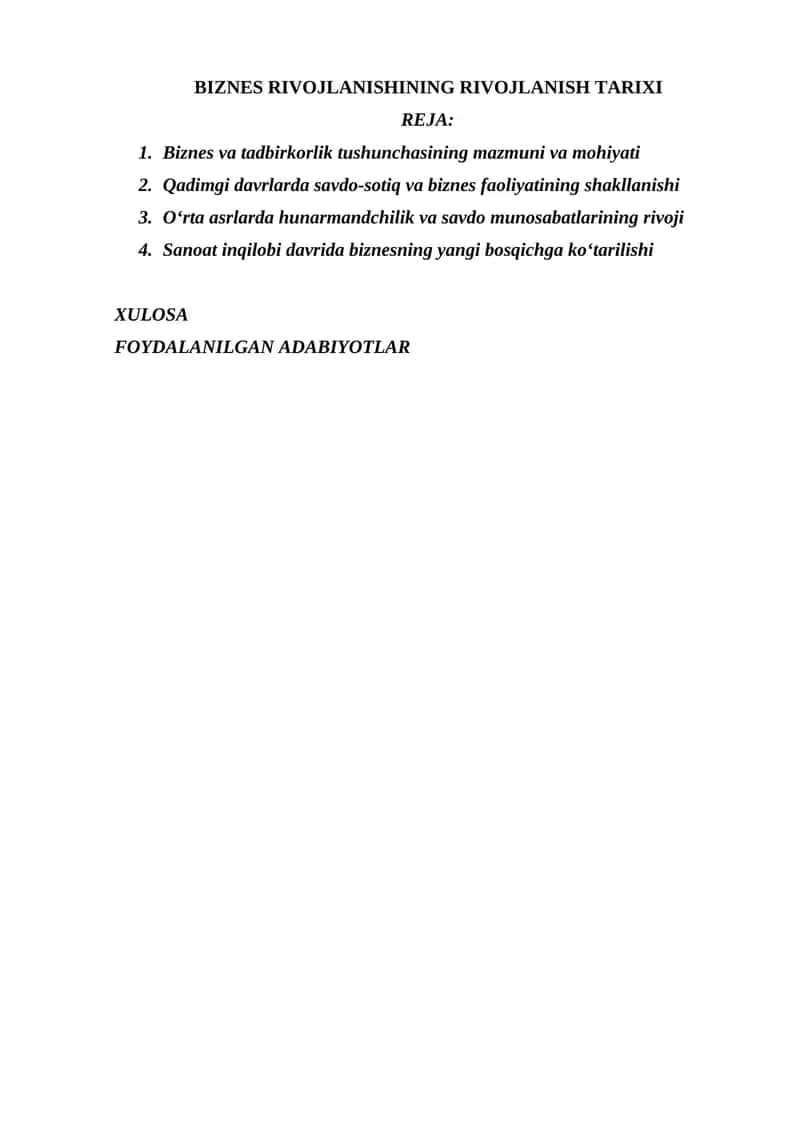 BIZNES RIVOJLANISHINING RIVOJLANISH TARIXI