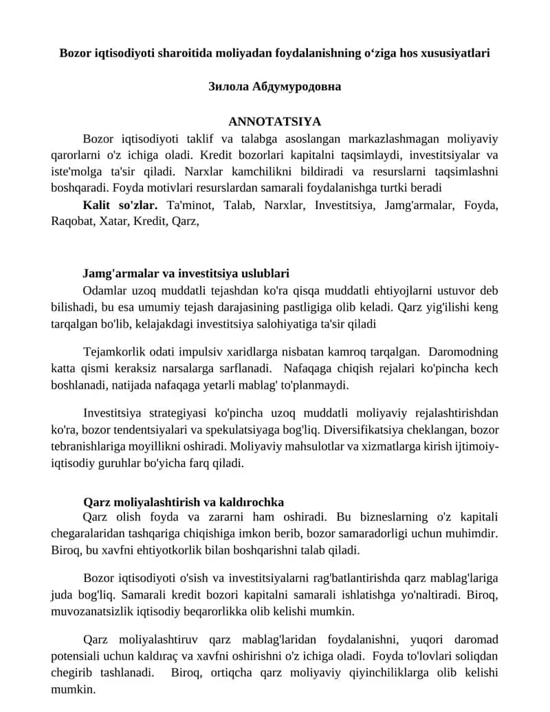 Bozor iqtisodiyoti sharoitida moliyadan foydalanishning oʻziga hos xususiyatlari