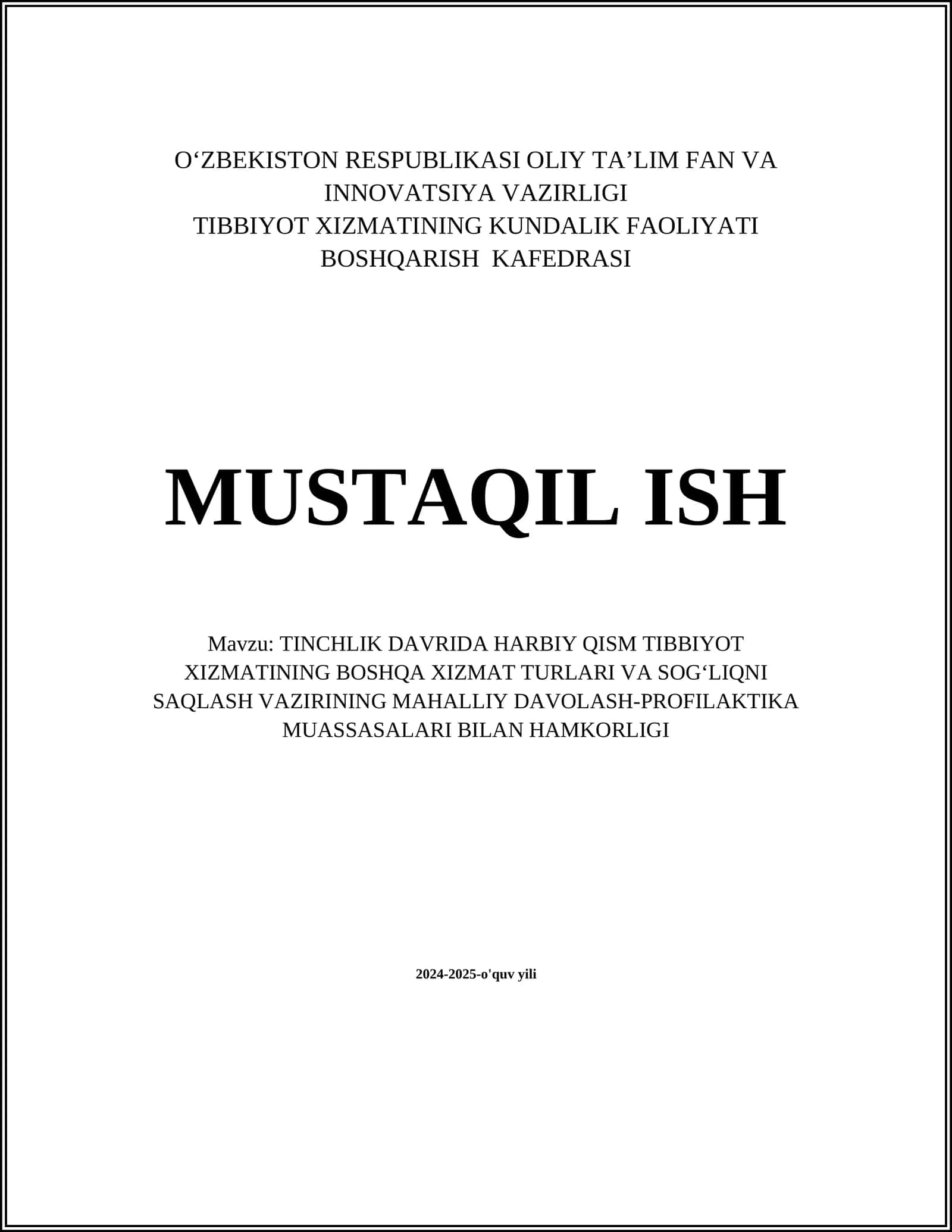 TINCHLIK DAVRIDA HARBIY QISM TIBBIYOT XIZMATINING BOSHQA XIZMAT TURLARI VA SOGʻLIQNI SAQLASH VAZIRINING MAHALLIY DAVOLASH-PROFILAKTIKA MUASSASALARI BILAN HAMKORLIGI