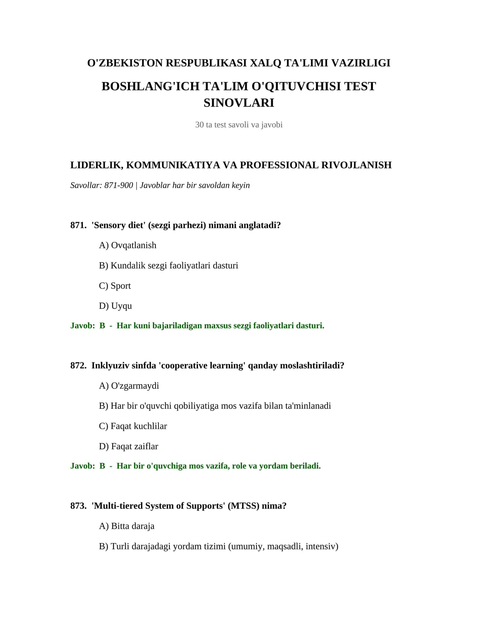 BOSHLANG'ICH TA'LIM O'QITUVCHISI TEST SINOVLARI