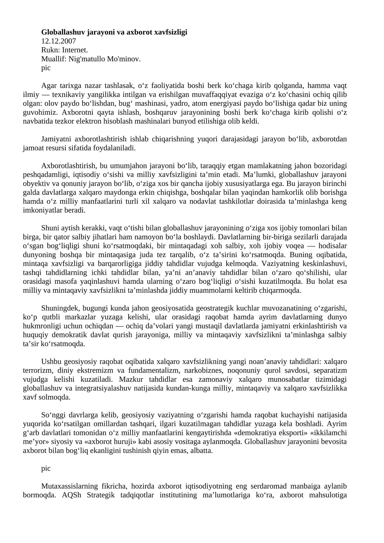 Globallashuv jarayoni va axborot xavfsizligi