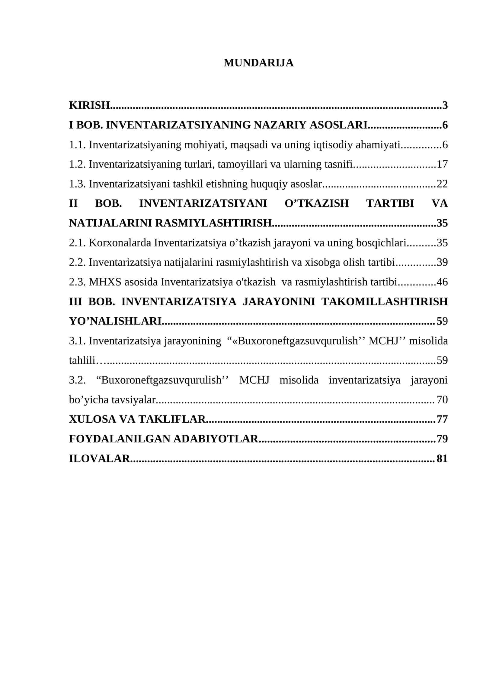 INVENTARIZATSIYANI O’TKAZISH TARTIBI VA NATIJALARINI RASMIYLASHTIRISH
