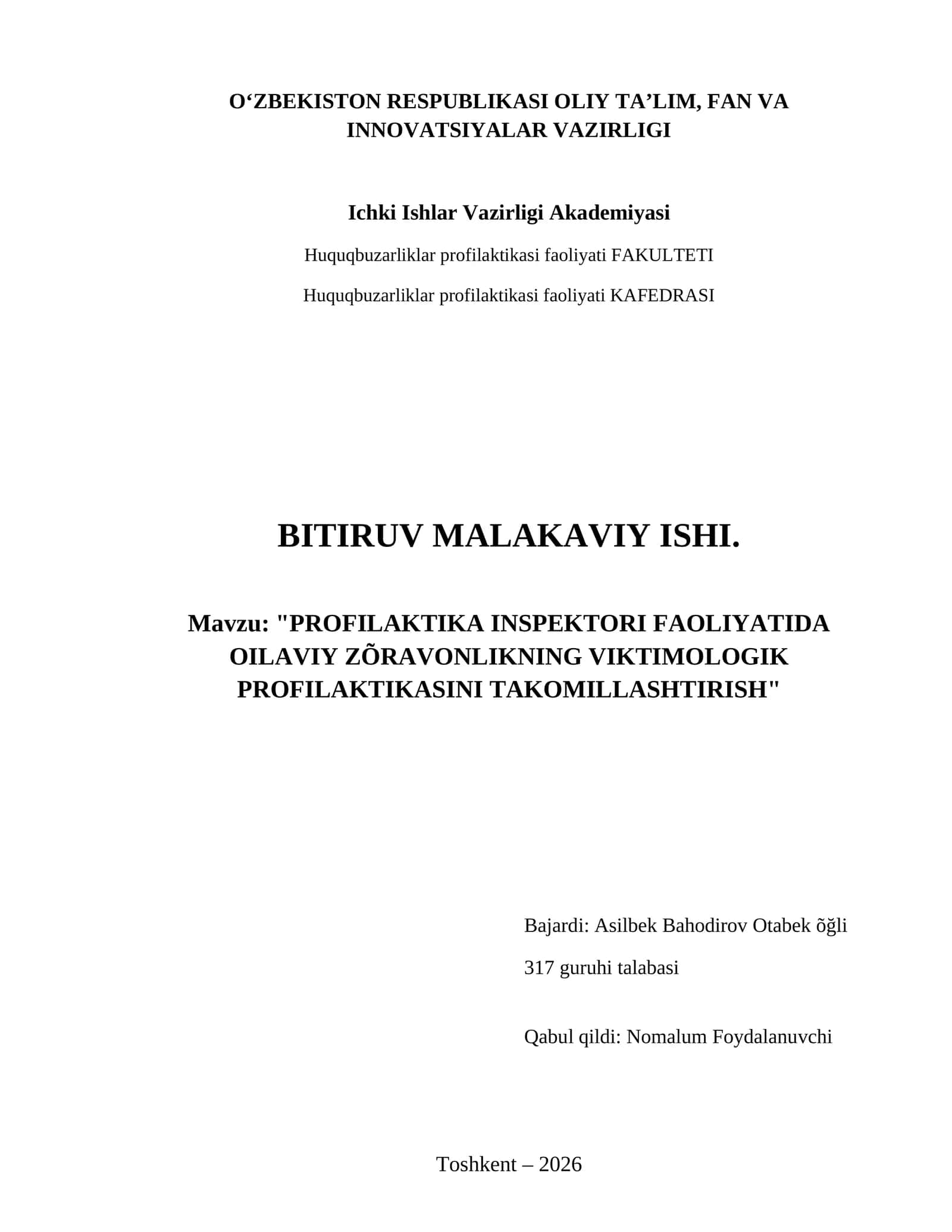 Profilaktika inspektori faoliyatida oilaviy zõravonlikning viktimologik profilaktikasini takomillashtirish