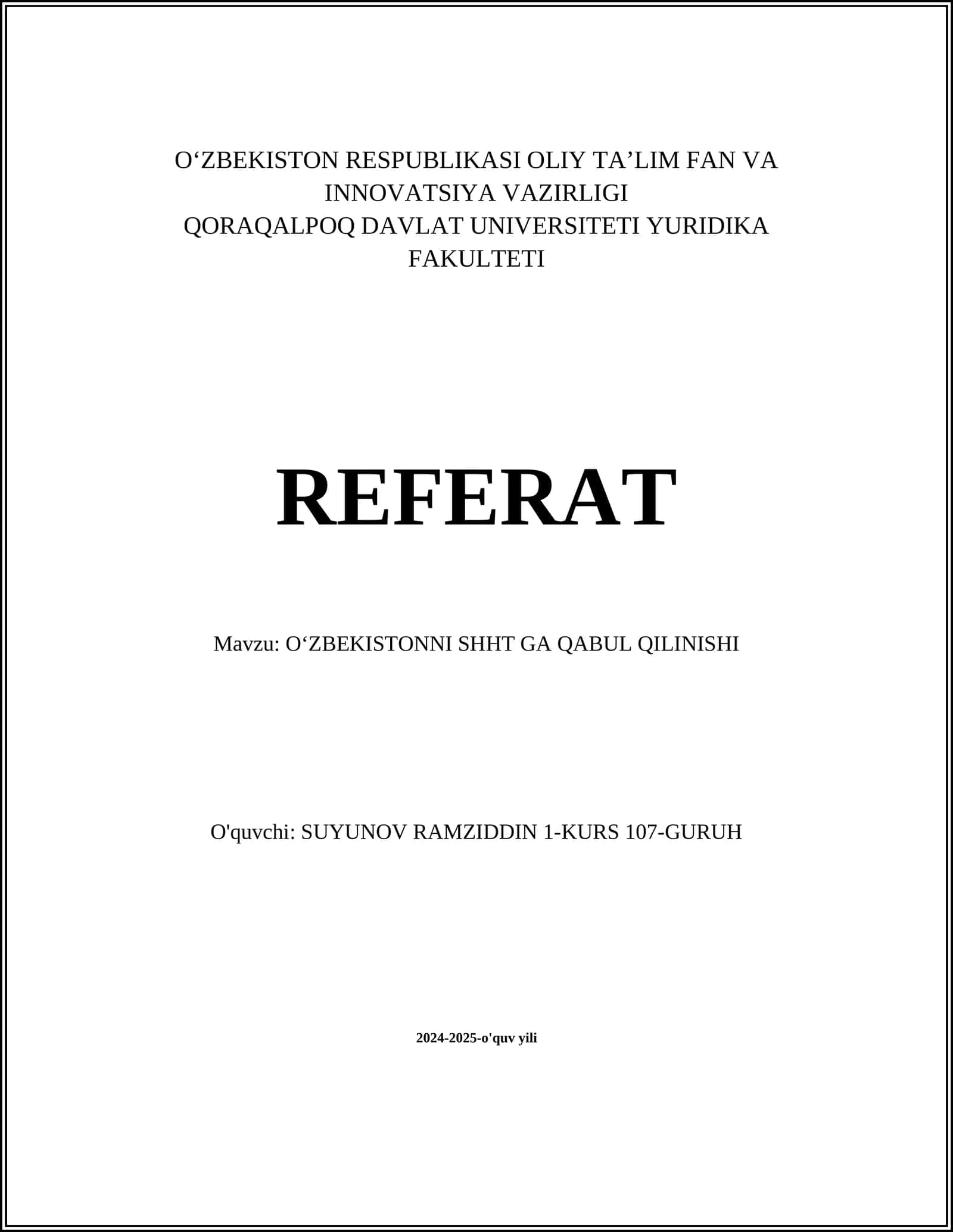 OʻZBEKISTONNI SHHT GA QABUL QILINISHI