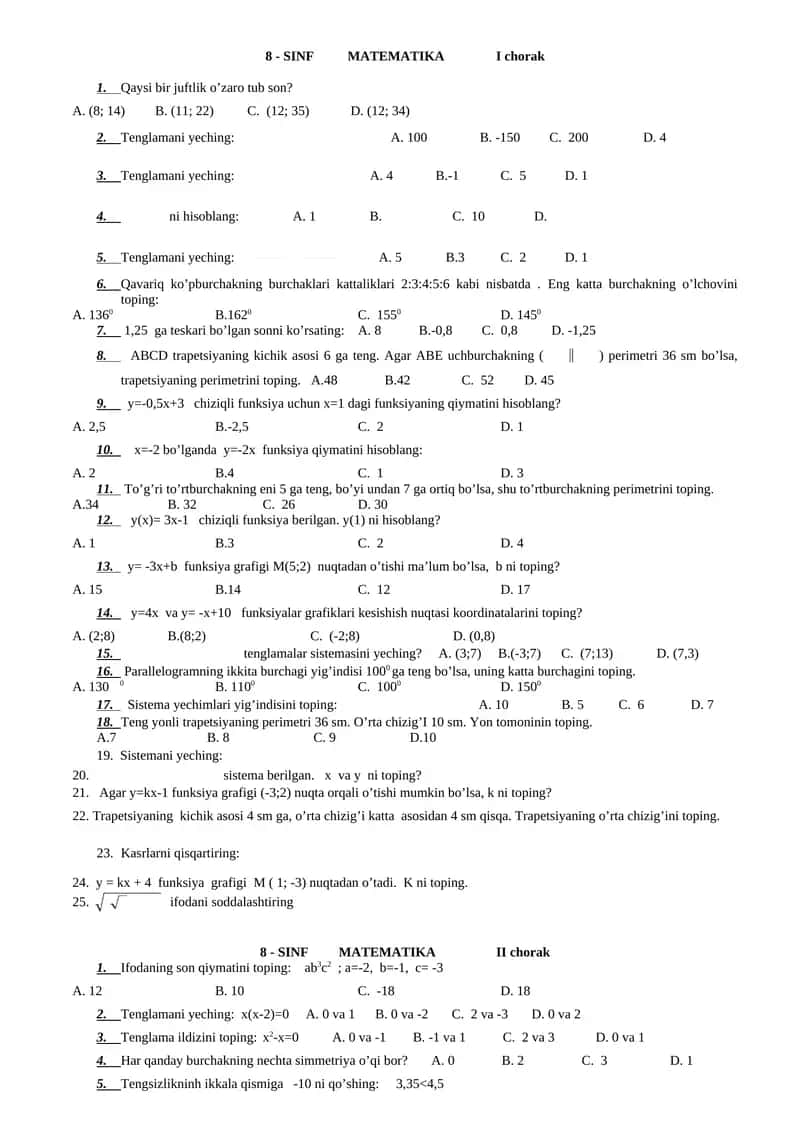 8 - SINF MATEMATIKA I chorak