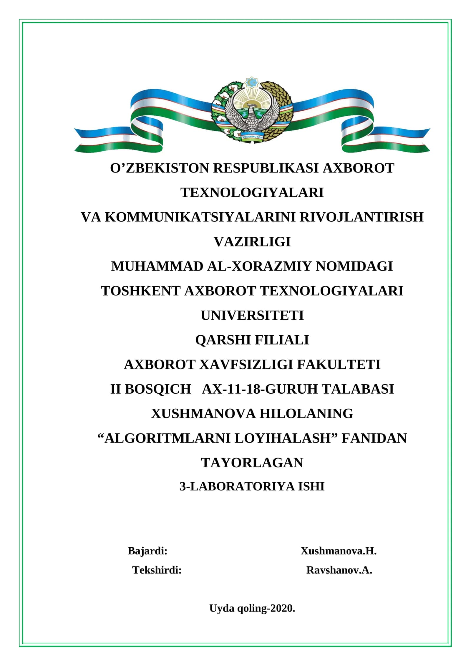 Algoritmlarni loyihalash laboratoriya ishi