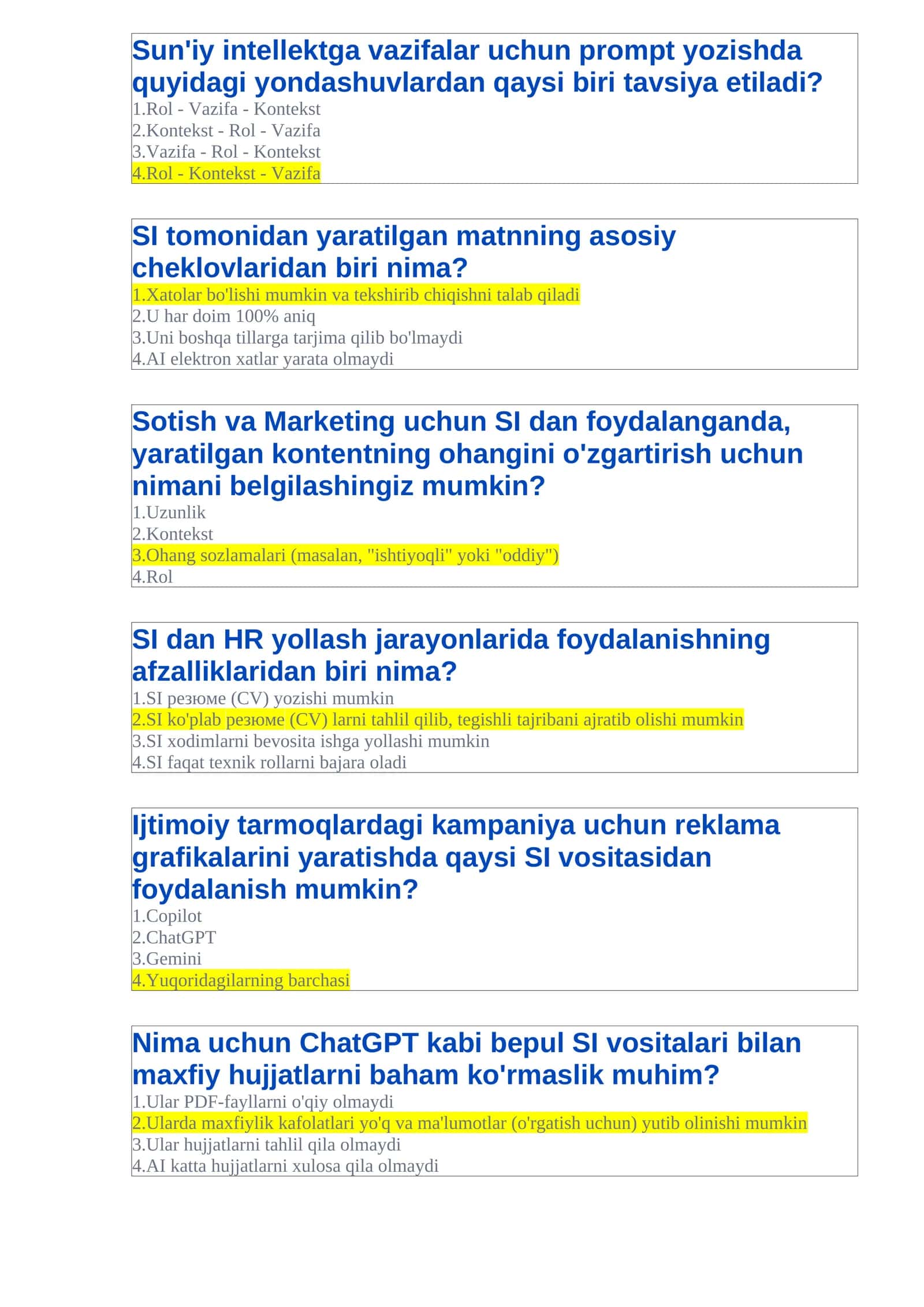 Sun'iy intellektga vazifalar uchun prompt yozishda quyidagi yondashuvlardan qaysi biri tavsiya etiladi?