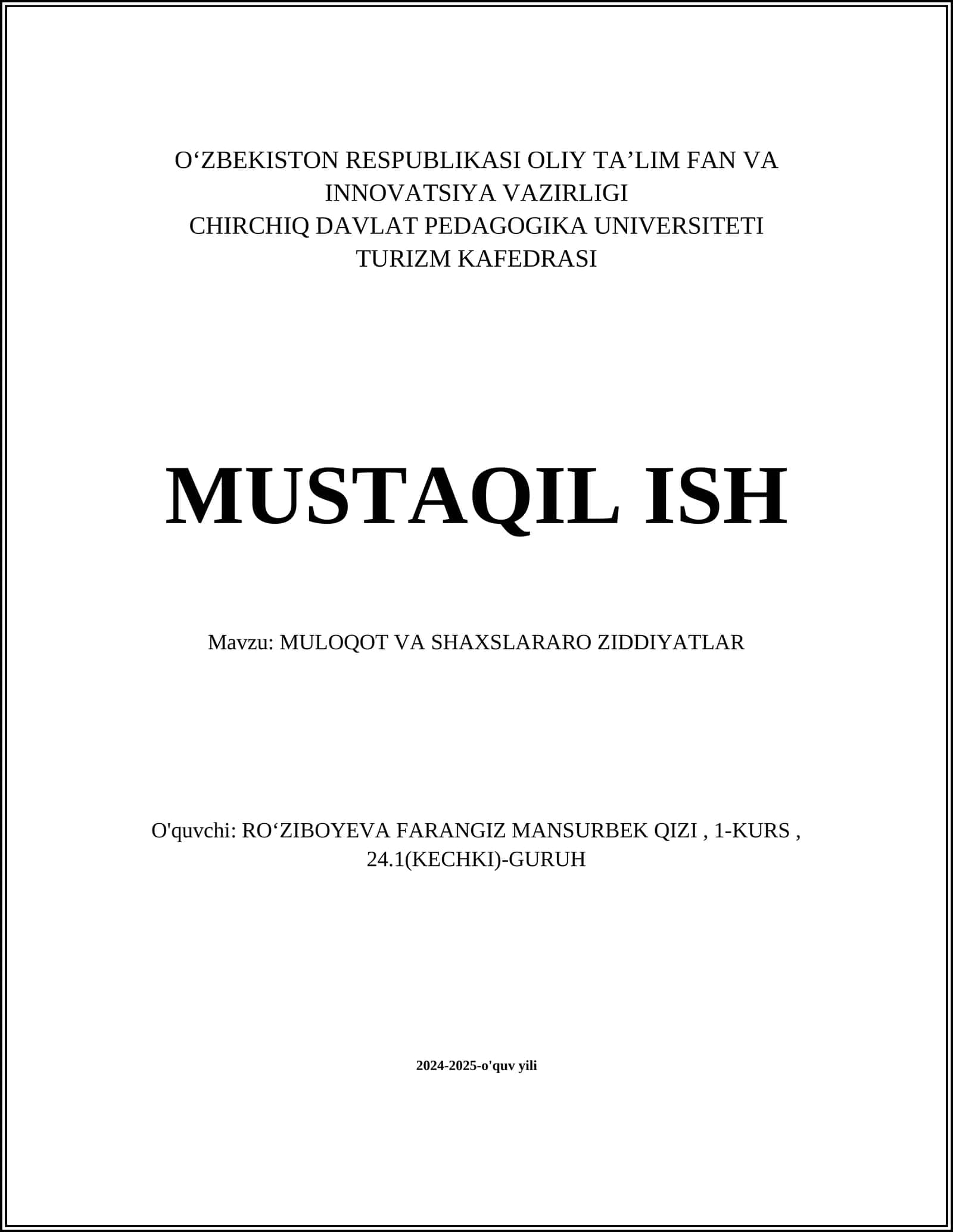 MULOQOT VA SHAXSLARARO ZIDDIYATLAR