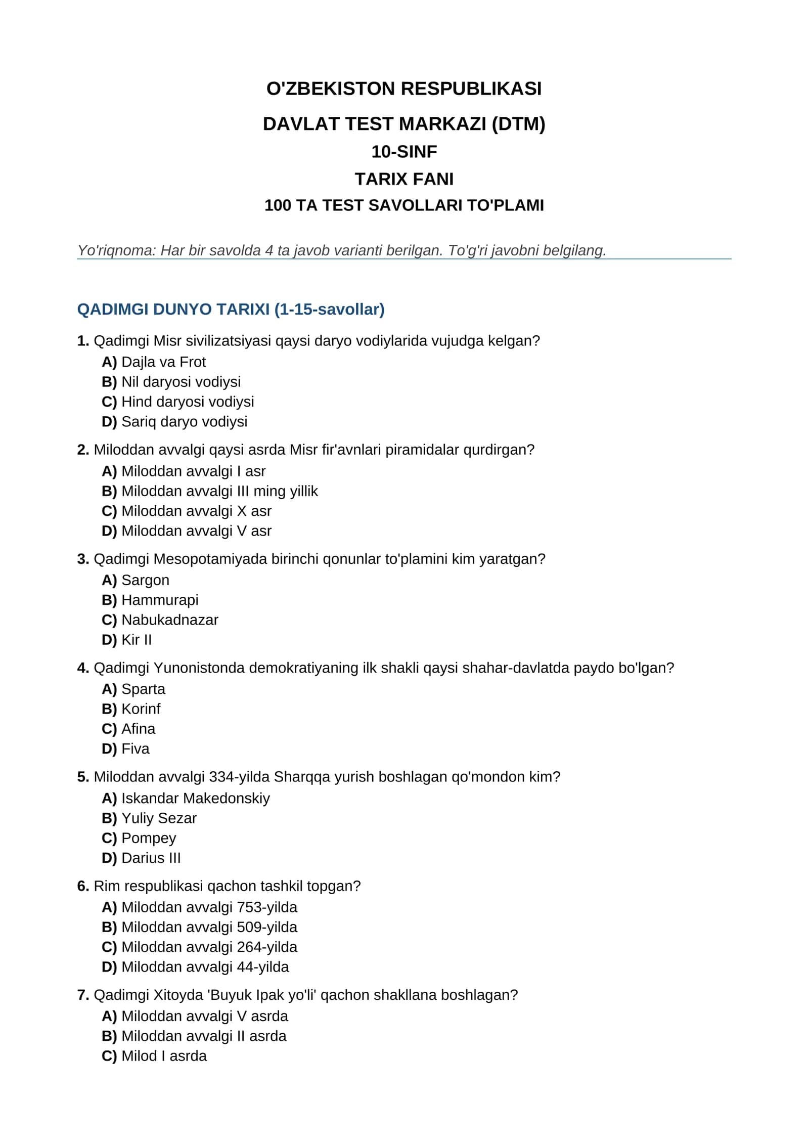 Tarix savollar