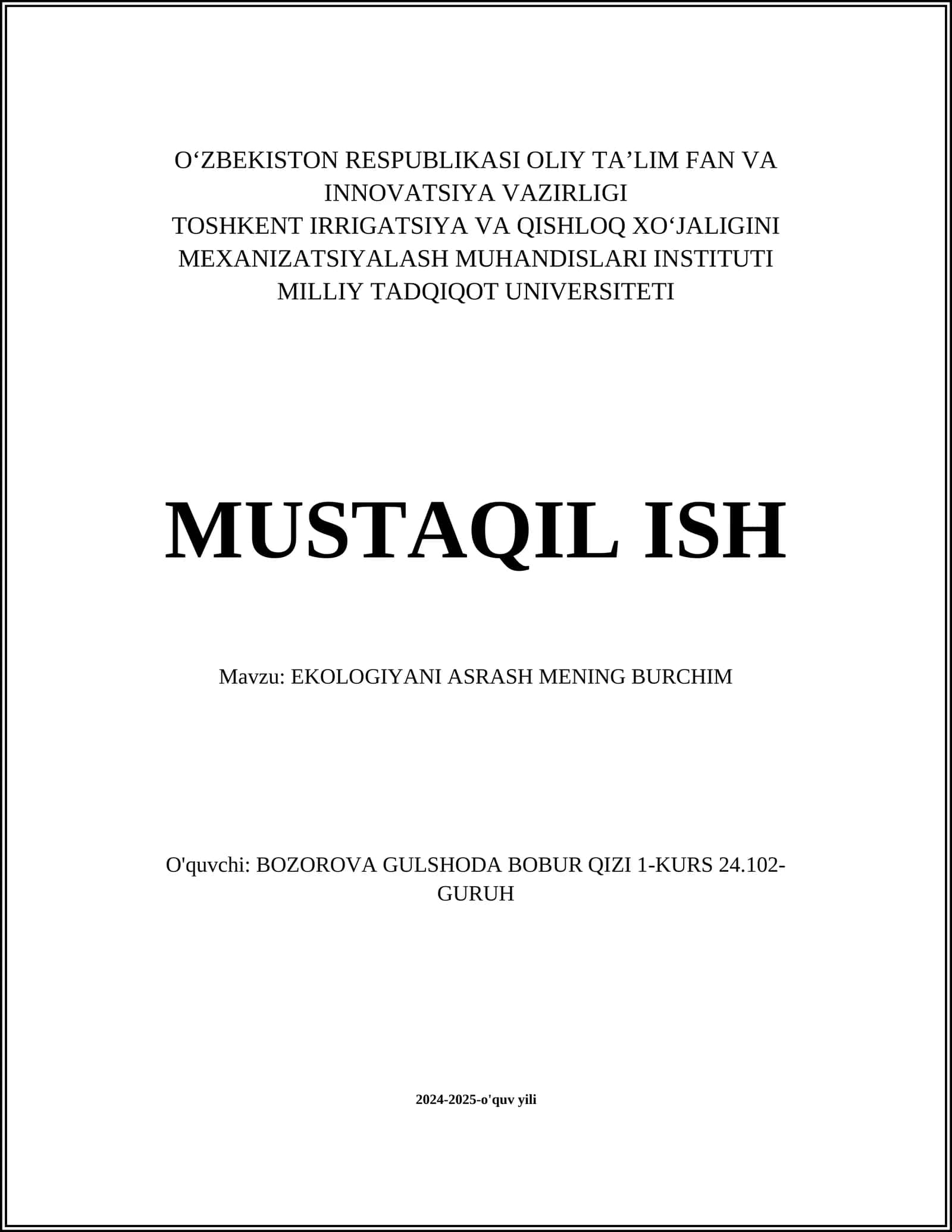 EKOLOGIYANI ASRASH MENING BURCHIM