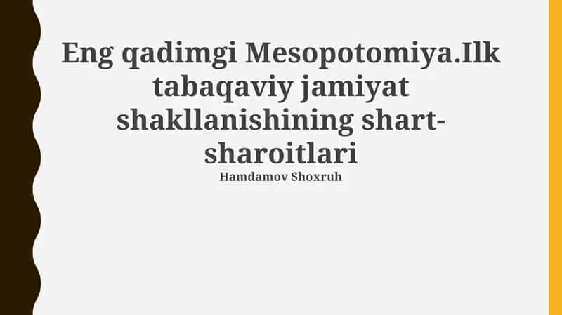 Eng qadimgi Mesopotomiya.Ilk tabaqaviy jamiyat shakllanishining shart-sharoitlari