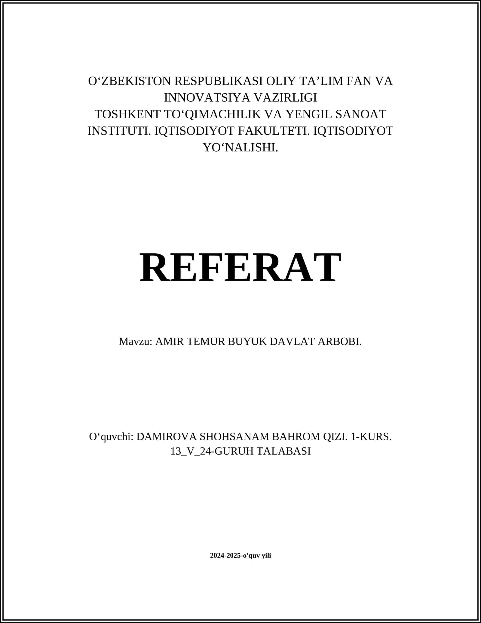 AMIR TEMUR BUYUK DAVLAT ARBOBI