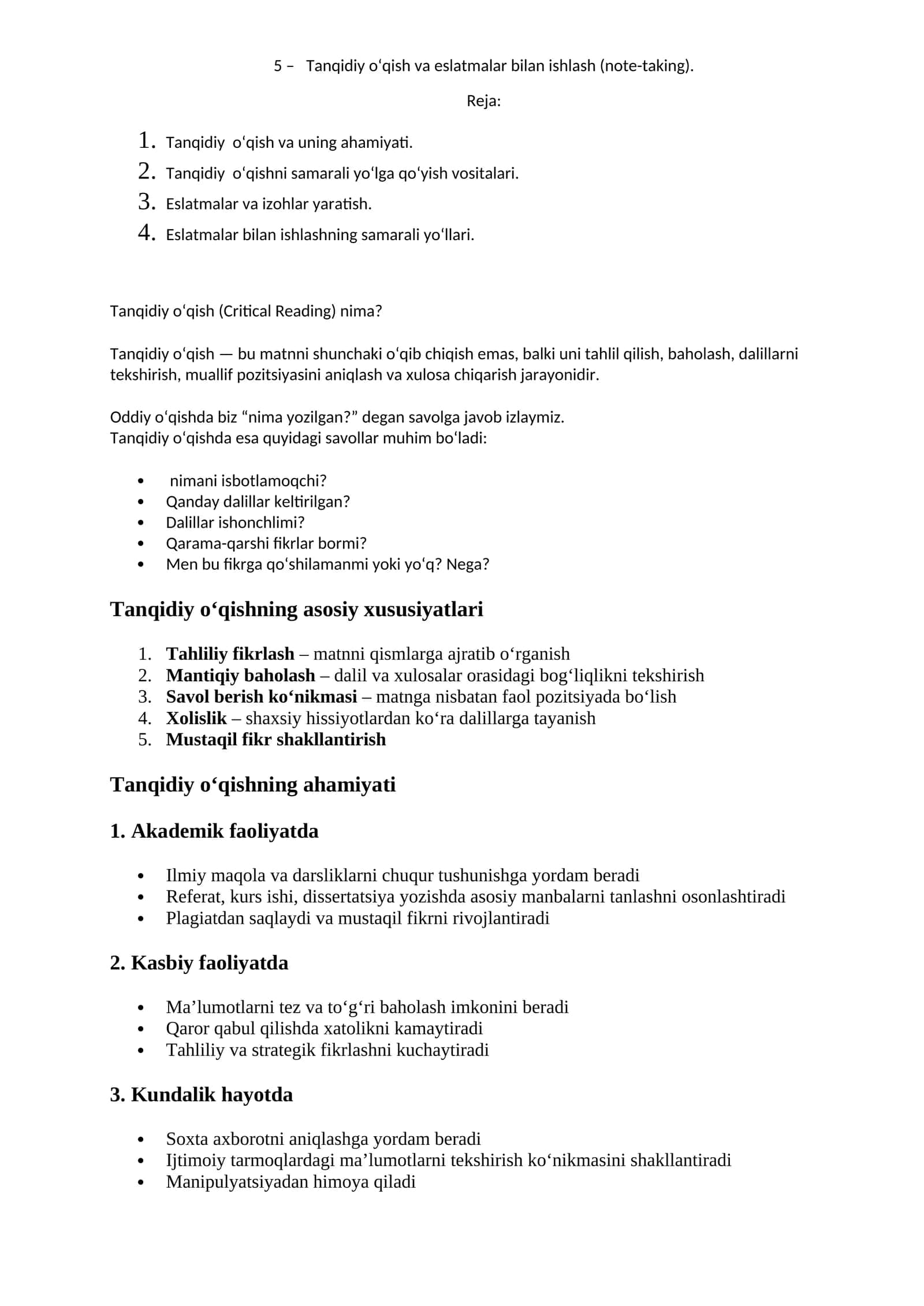 Tanqidiy o‘qish va eslatmalar bilan ishlash (note-taking)